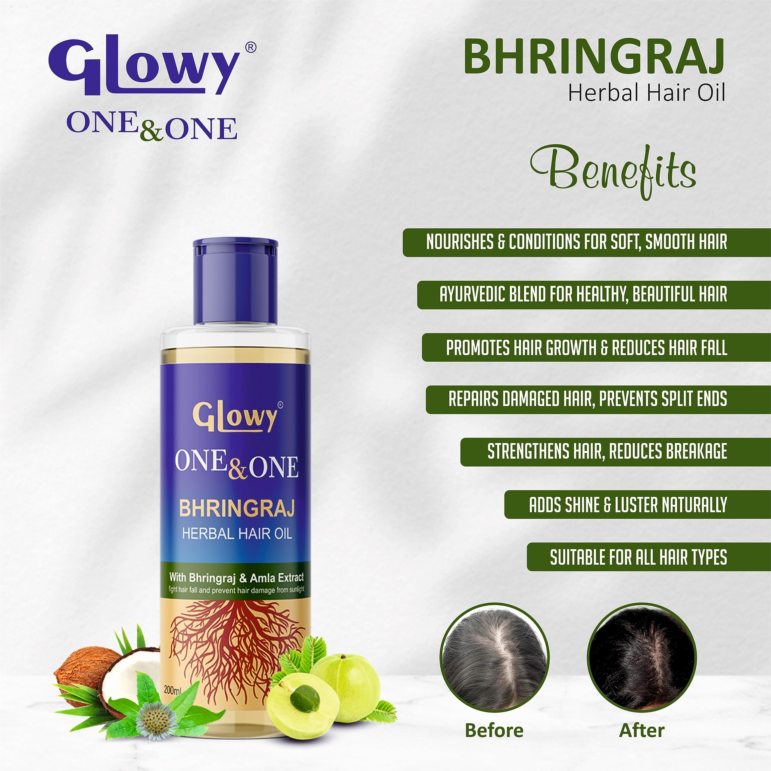 GLOWY Ayurvedic Maha Bhringraj Hair Oil with Amla Extracts - Natural Herbal Treatment for Scalp Massage, Hair Growth, Reduce Hair Fall & Strengthen Hair | Perfect for Daily Hair Care & Relaxing Scalp Therapy