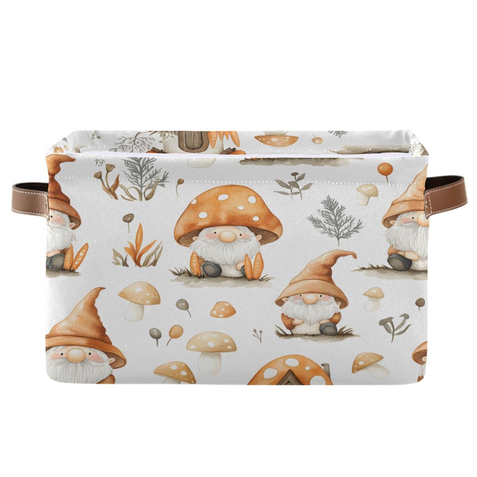 Qilmy Mushroom Gnome Storage Basket 2 Pack - Collapsible Canvas Rectangular Bin with Leather Handles for Closet, Office, Nursery & Home Organization | Perfect for Toy Storage, Blanket Baskets & Bedroom Decor