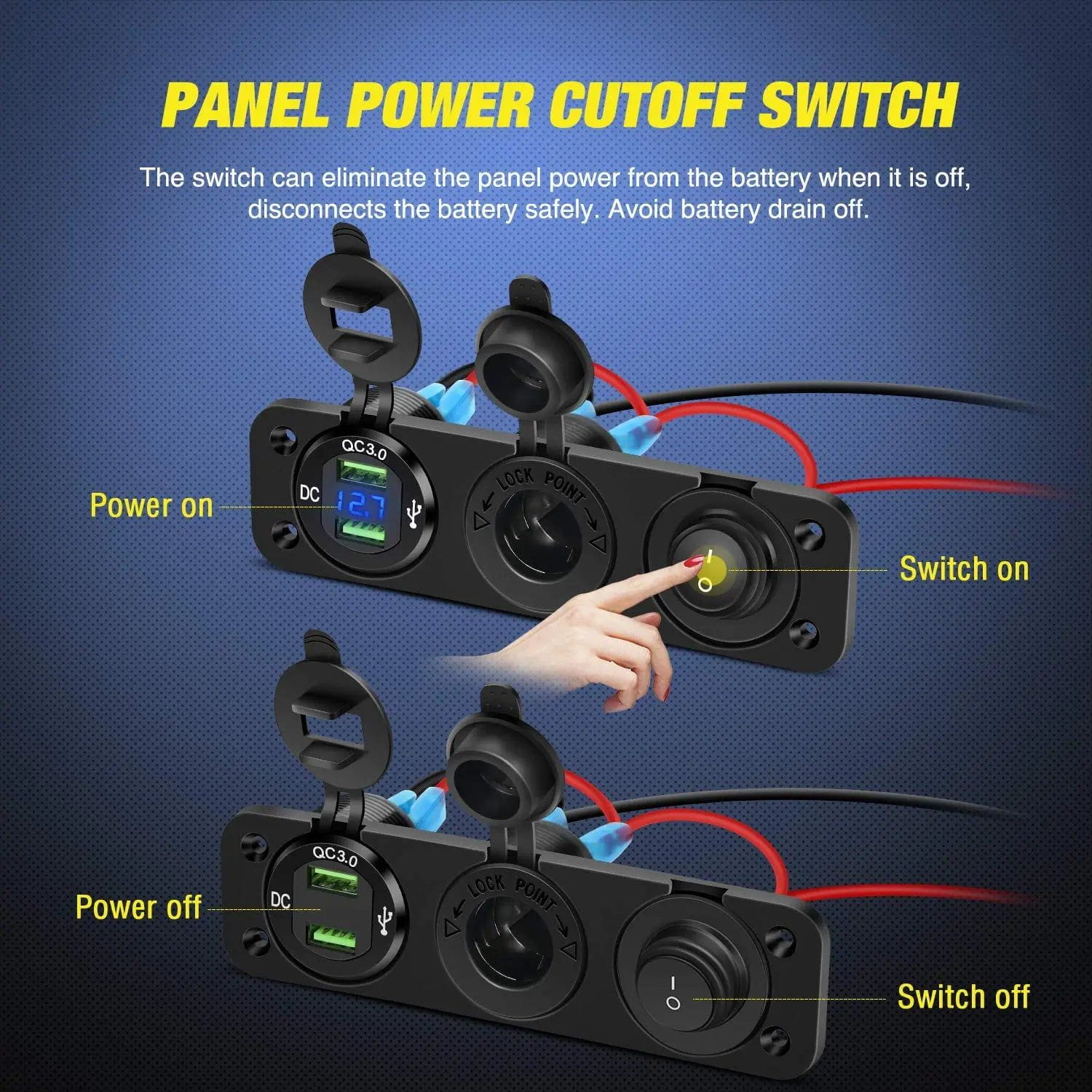 4 in 1 ON/OFF Blue LED Charger Socket Panel with Dual QC 3.0 USB Ports & Voltmeter - 12V/24V Cigarette Lighter Power Outlet for Cars, Trucks, Boats, RVs - Perfect for Charging Phones, Tablets & Powering Devices On The Go