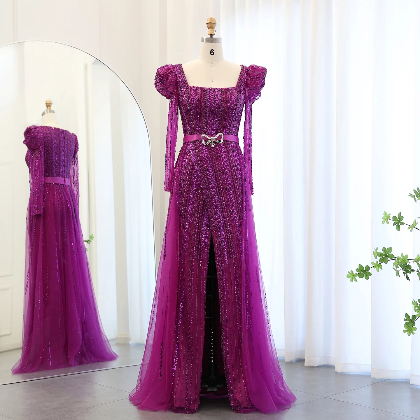 Luxury Dubai Fuchsia Long Sleeve Evening Dress with Detachable Overskirt - Elegant Formal Gown for Weddings, Galas & Special Occasions
