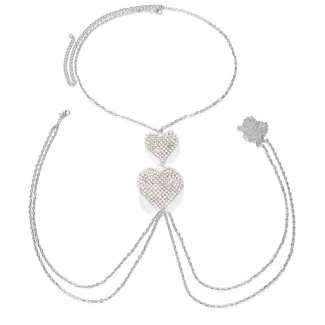 Sexy Rhinestone Heart Body Chain - Women's Bikini Chest & Belly Jewelry for Beach, Pool Party & Festival Accessories | Perfect for Summer Vacations, Music Festivals & Bachelorette Parties