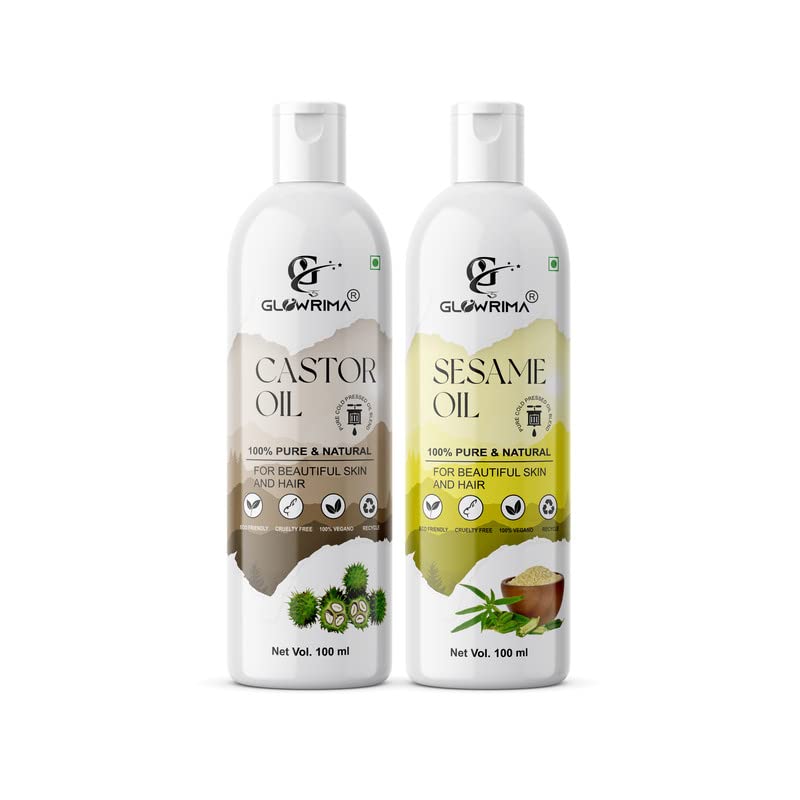 Glowrima 100% Pure Castor Oil & Sesame Oil Combo (100ML Each) for Hair Growth, Anti Hair Fall, Split Ends Treatment - Promotes Soft, Shiny Hair - Pack of 2 - Perfect for Daily Hair Care & Scalp Massage