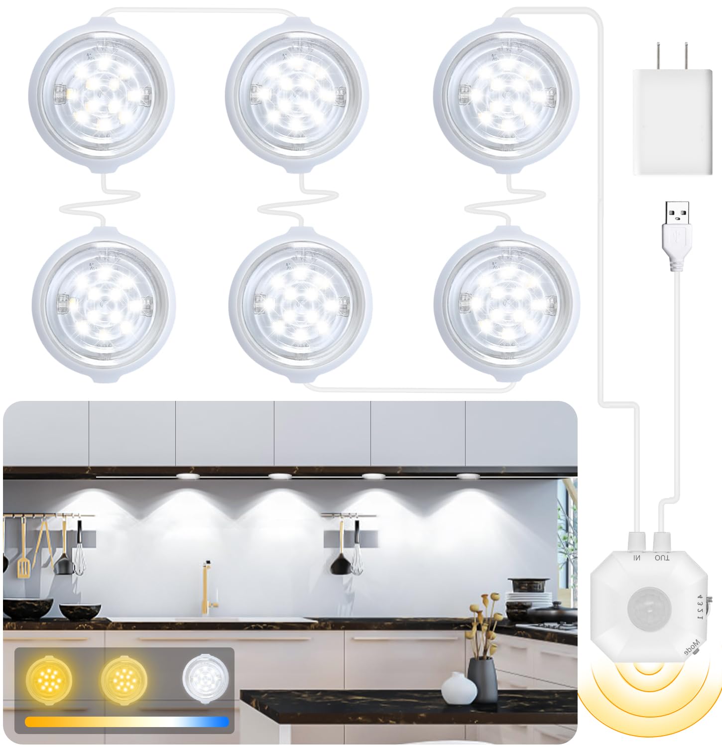 Daymeet Motion Sensor Under Cabinet Lights - 3 Colors for Kitchen & Closet