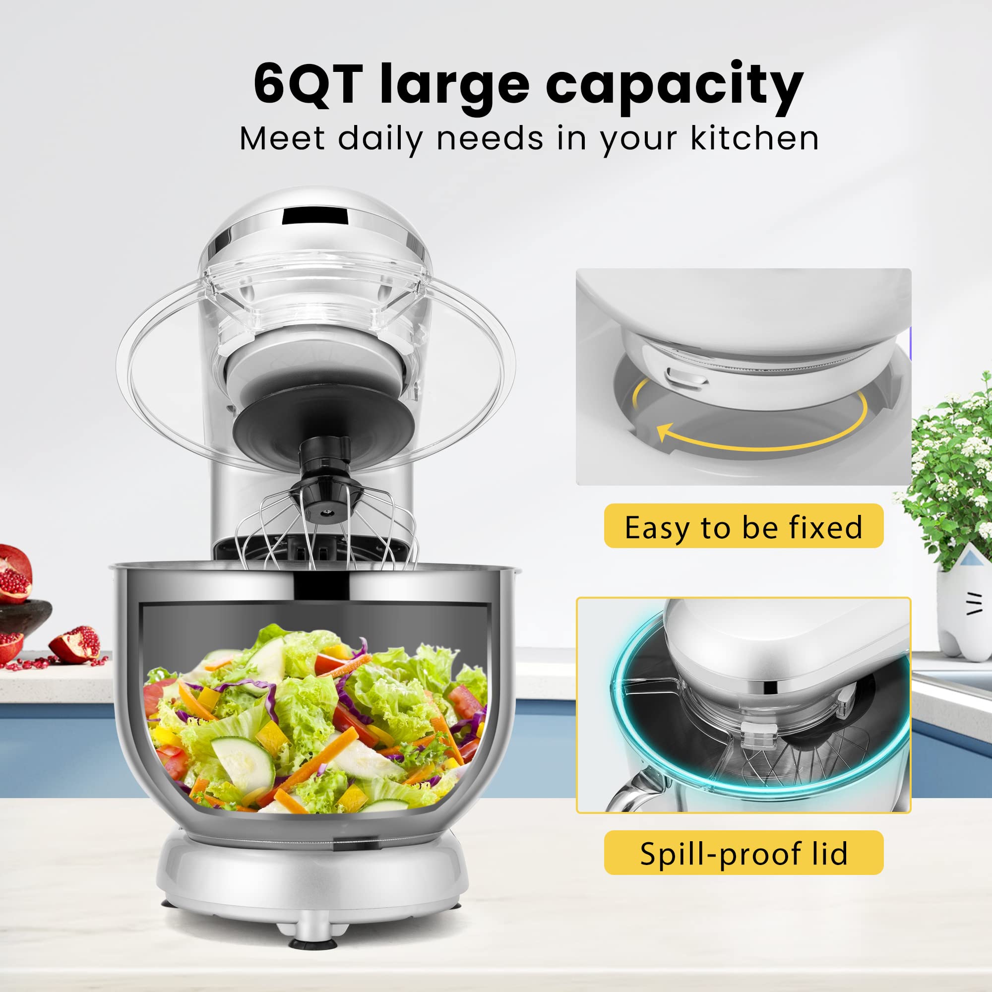 VIVOHOME 660W 10-Speed 6 Quart Tilt-Head Stand Mixer - Includes Beater, Dough Hook, Wire Whip & Egg Separator - Silver - Perfect for Baking Cakes, Cookies, Bread & More in Your Kitchen