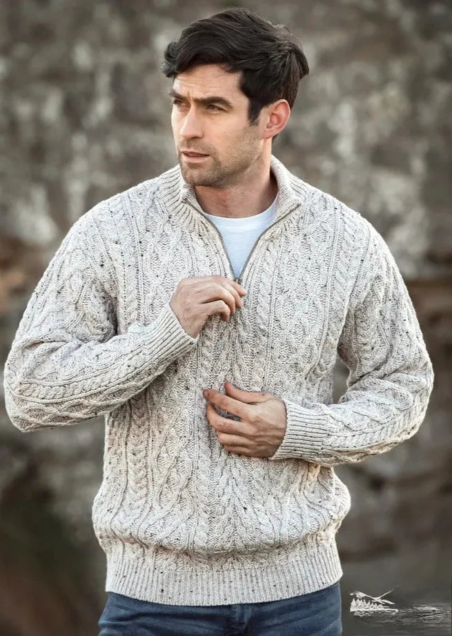 Aran Crafts Men's Half Zip Sweater | 100% Wool Oatmeal Pullover | Warm Winter Knitwear for Outdoor Activities & Casual Wear