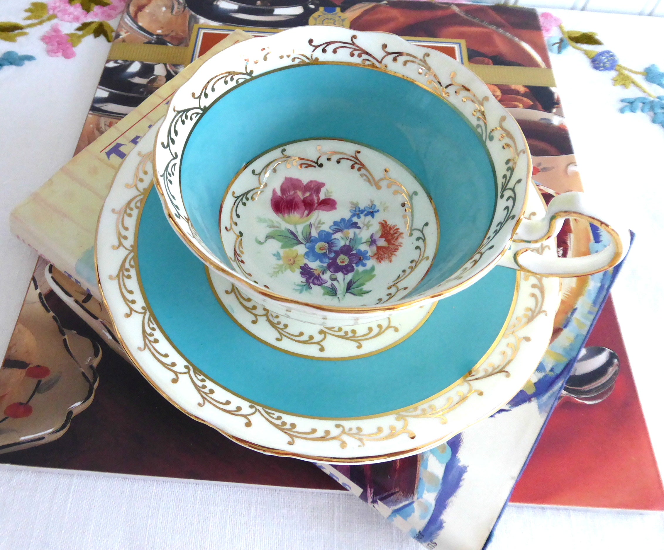 Vintage Aynsley Turquoise Cup and Saucer Set with Gold Overlay Floral Design - 1940s Collectible Fine China for Afternoon Tea, Bridal Shower, and Antique Home Decor