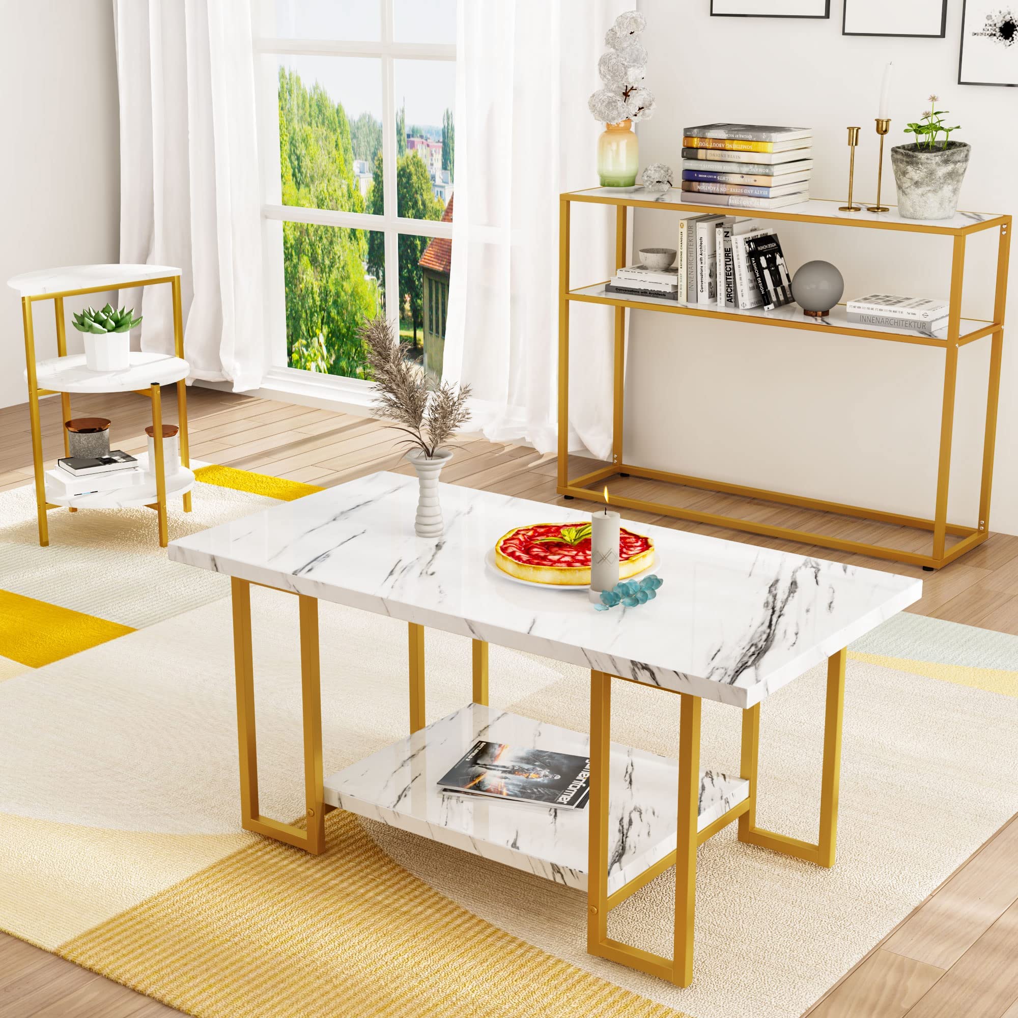MIERES 3-Piece Faux Marble Coffee Table Set - Modern Living Room Furniture with Semicircle End Table & Sofa Side Console Table, Storage Shelves & Sturdy Metal Frame, White & Gold - Perfect for Small Spaces, Apartments & Cozy Home Decor