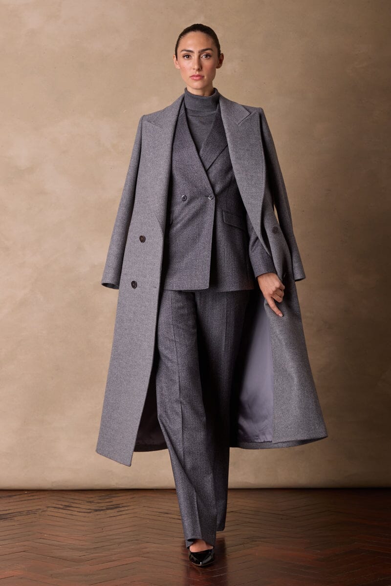 Dita Wide Peak Coat - Grey Wool Silk Blend Trench Coat for Women | Elegant Winter Outerwear for Office & Formal Occasions