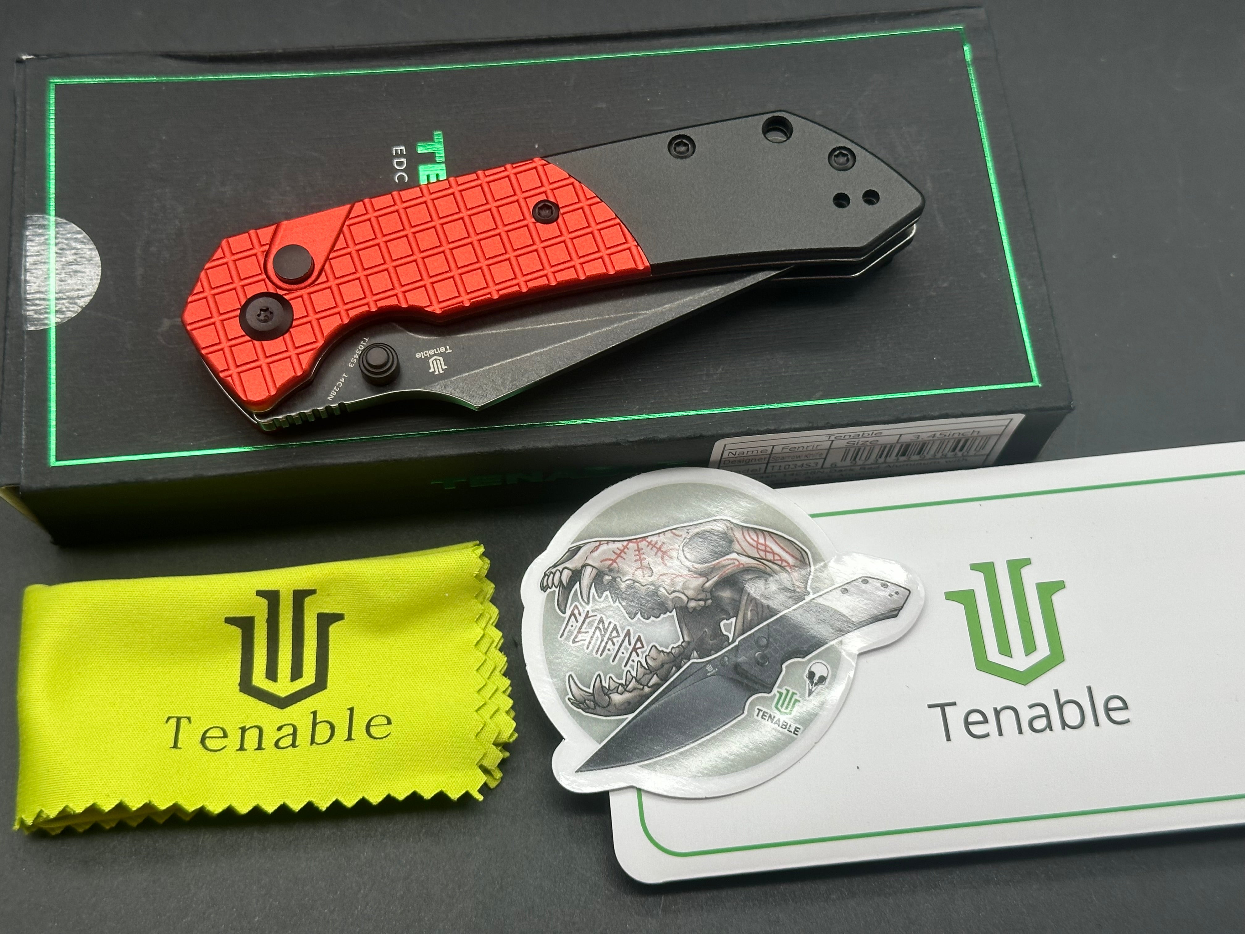 Tenable Button Lock Fenrir Dark Red Aluminum Folding Knife with Frag Pattern & Black Handle - EDC, Outdoor Survival, Camping, Hunting, and Tactical Use