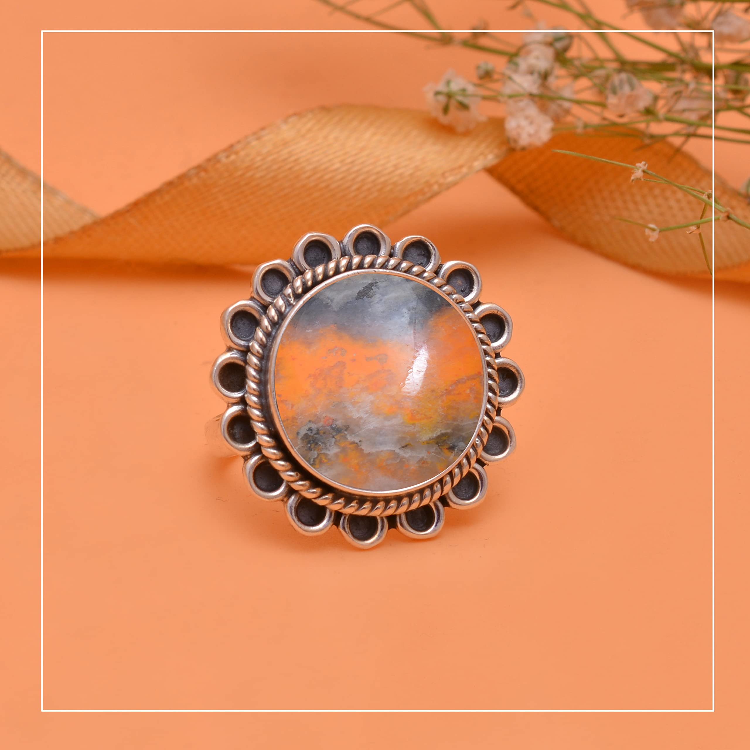 Veracity Jewelry Bumble Bee Jasper Ring for Women - 925 Sterling Silver Healing Meditation Gemstone Ring - Multi-Color Bee Jasper Jewelry (VSR-667) | Spiritual Gift, Yoga Accessory & Boho Fashion Statement