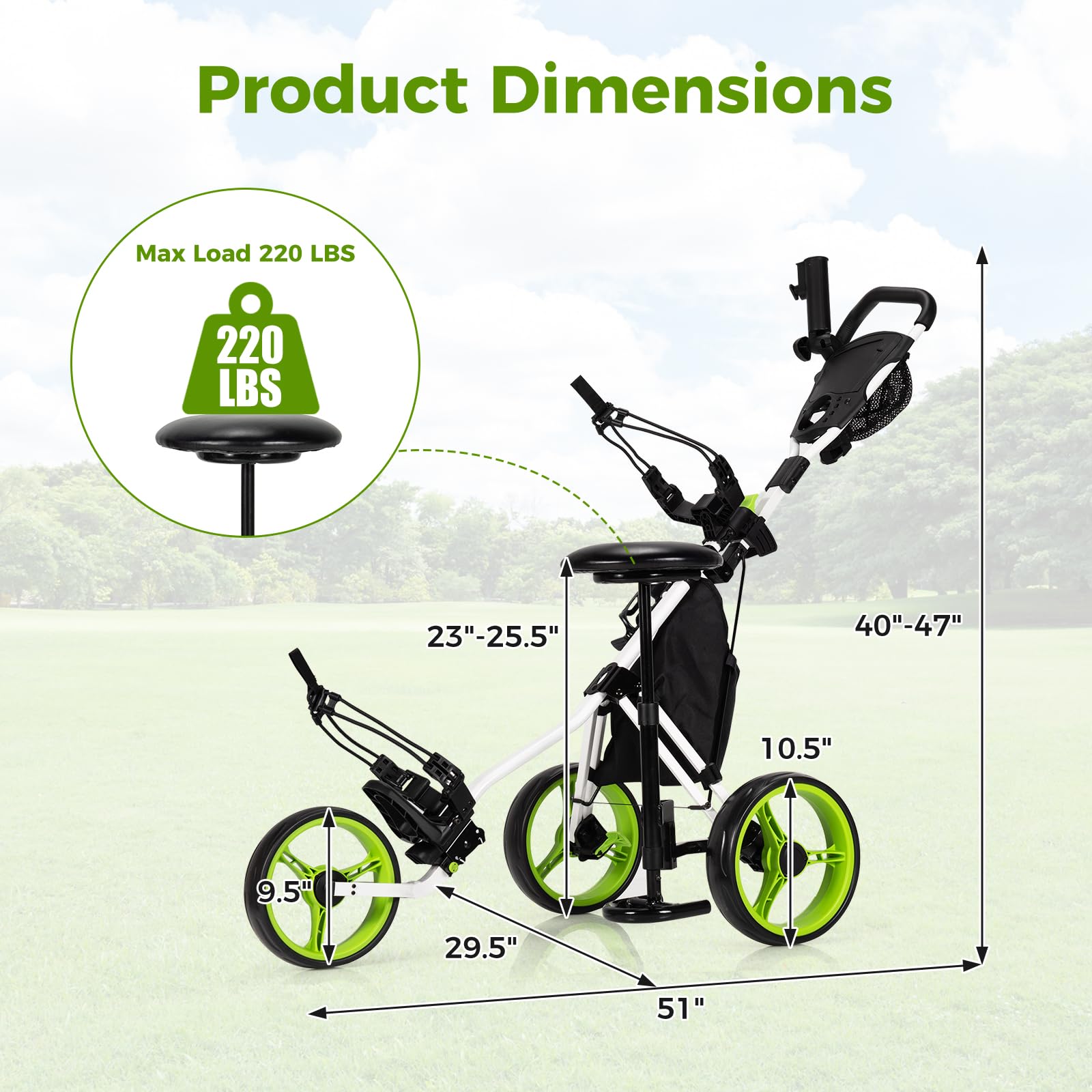 ULTIMATE 3 Wheel Golf Push Pull Cart - Foldable Lightweight Golf Bag Trolley with Adjustable Seat & Handle | Scorecard Holder, Umbrella Holder, Cup Holder, Storage Bag & Foot Brake | Perfect for Golf Course, Driving Range & Outdoor Practice