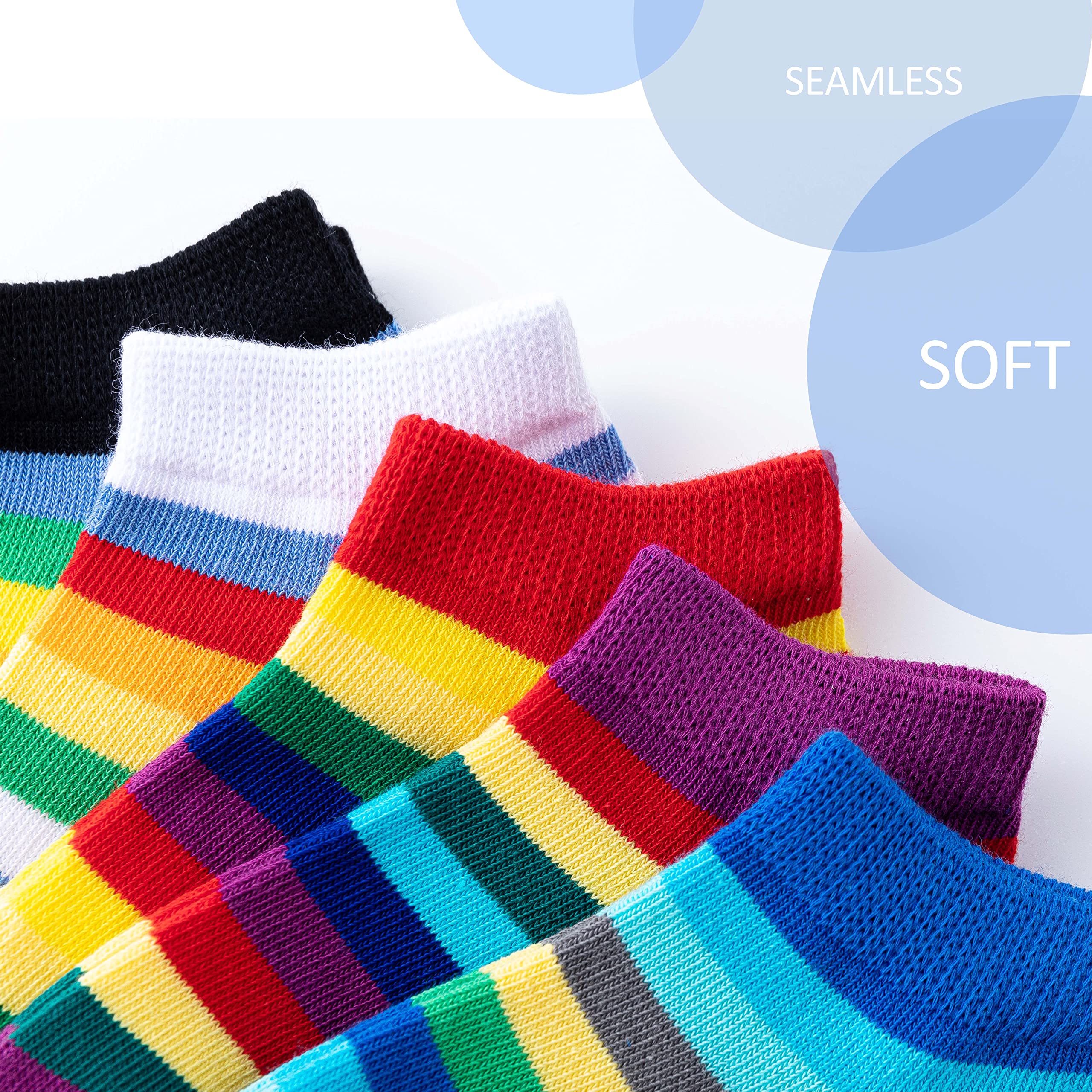 Marchare Girls Seamless Cotton Socks - 5 Pack Rainbow Striped Crew Socks for Kids, School, Play & Everyday Wear
