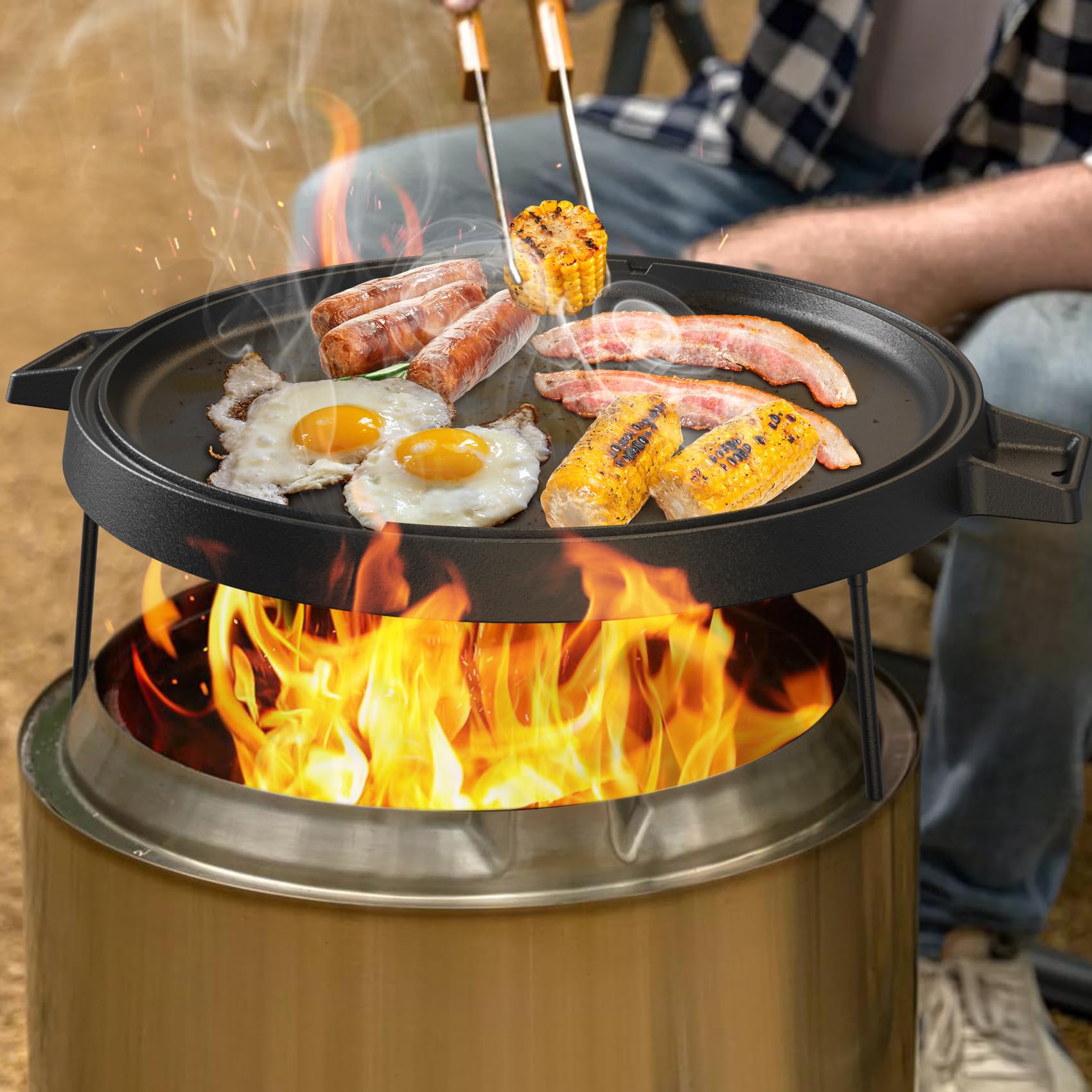 Onlyfire 14 Inch Double Sided Reversible Cast Iron Griddle for Solo Stove Ranger | Detachable Legs & Raised Top Cookware | Perfect for Camping, Backyard BBQs & Outdoor Cooking with 15 Inch Fire Pit