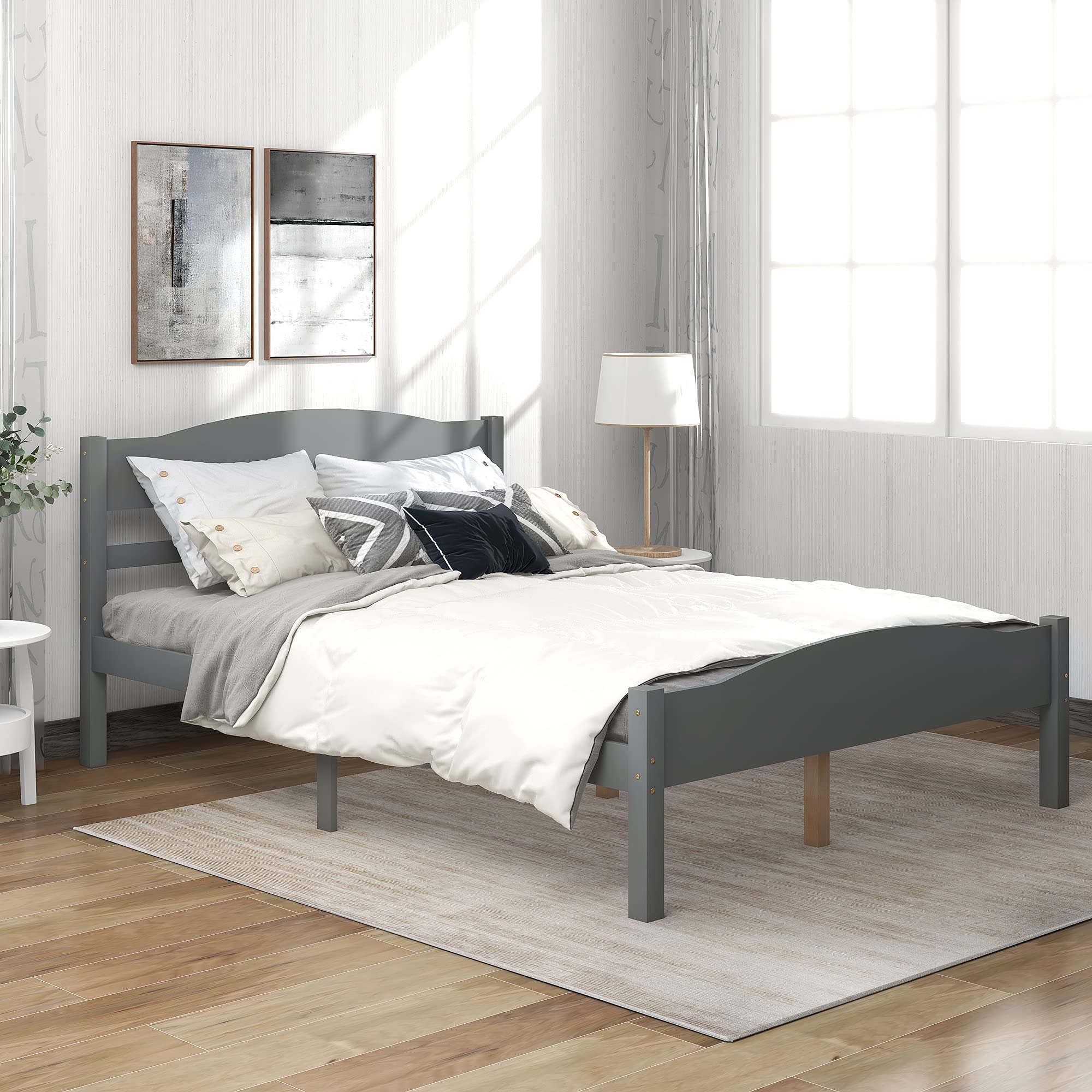 Modern Wood Platform Bed Frame with Horizontal Strip Hollow Headboard & Footboard, Full Size Gray - Sturdy Center Support for Bedroom, Guest Room, or Dorm