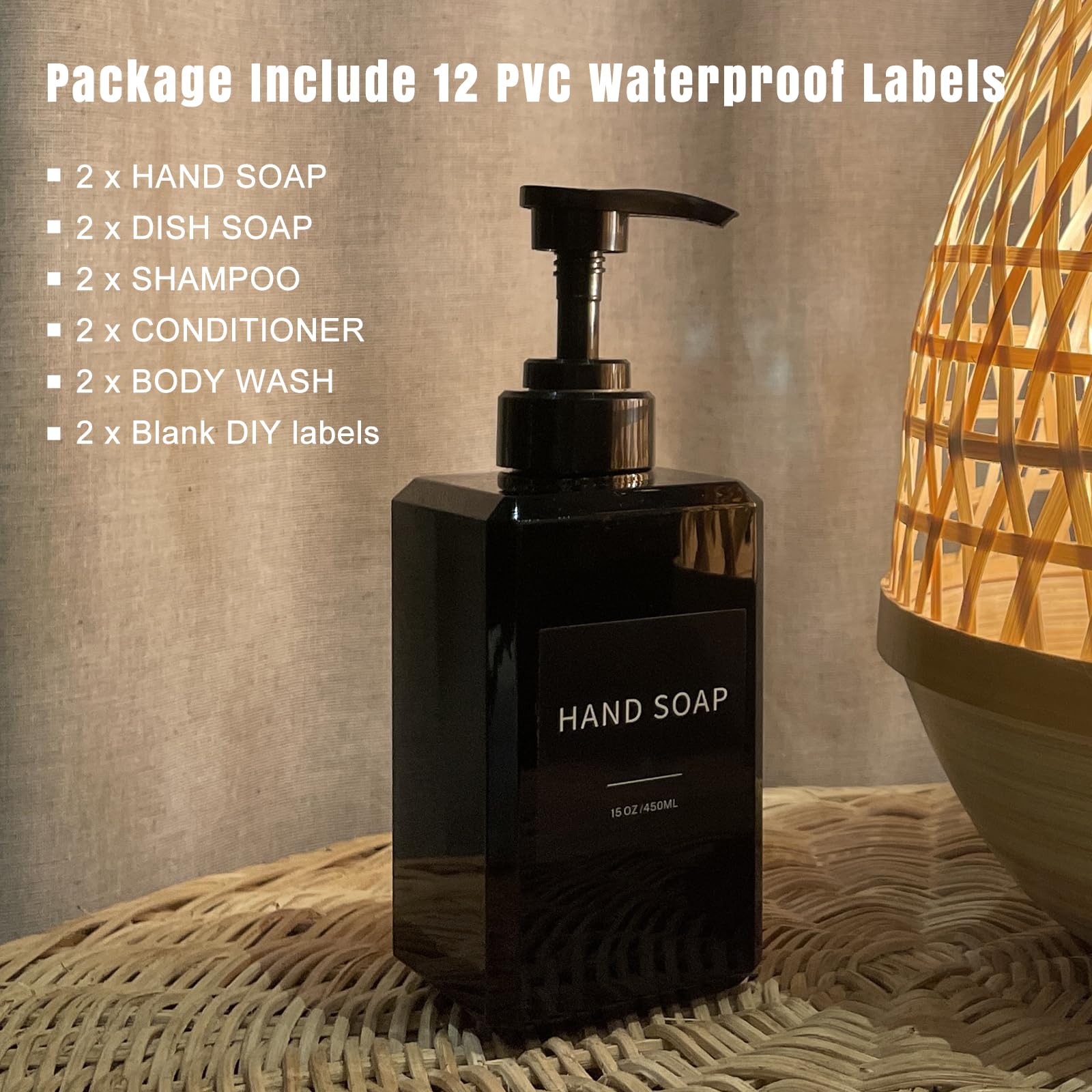 Black Soap Dispenser with Waterproof Labels - 15oz Thickened Plastic Hand Soap Dispenser for Bathroom, Kitchen, Dish Washing Liquid, Shampoo & Conditioner Bottles (2-Pack) - Perfect for Home, Office & Commercial Use