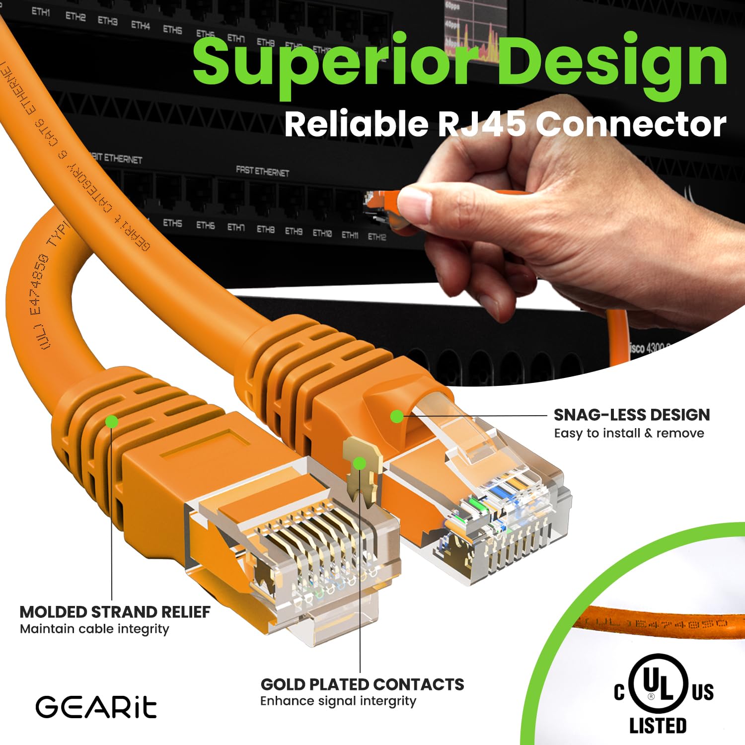 GEARit Cat 6 Ethernet Cable 100-Pack (1 Foot) - 10Gbps Snagless Patch Cords with Gold-Plated RJ45 Connectors for High-Speed Internet - Ideal for PC, TV, Tablet, Router, Printer, Servers & Data Centers - Durable Orange Networking Cables for Office, Home & IT Infrastructure Setup