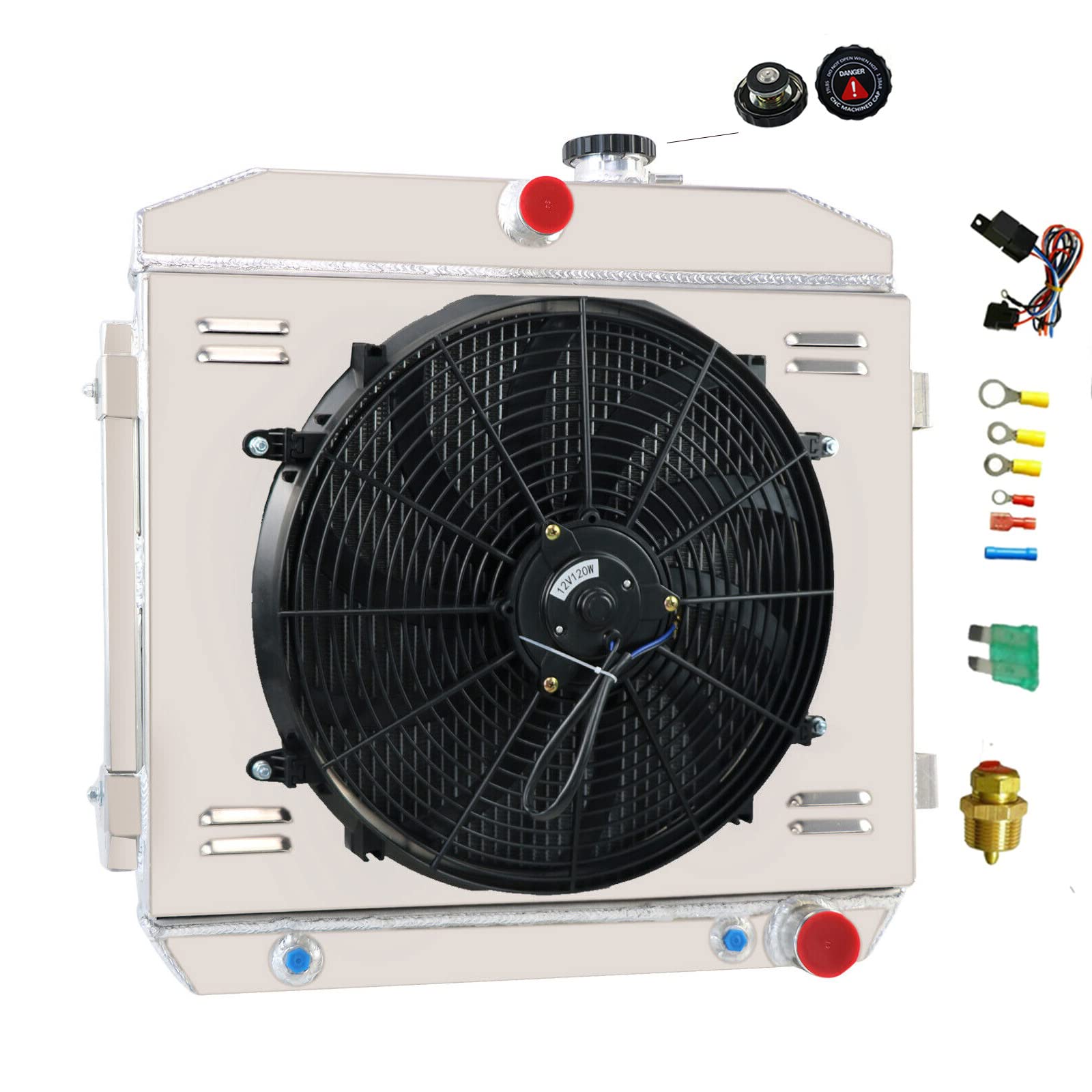 High-Performance 4 Core Aluminum Radiator with Shroud Fan & Relay Kit - Compatible with 1955-1957 Chevy Bel Air & Del Ray V8 - Easy Mounting & US Shipping - Perfect for Classic Car Restoration & Hot Rod Upgrades