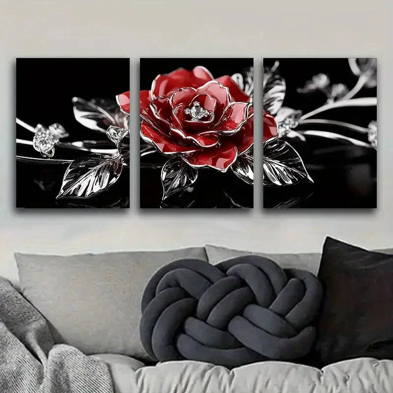 3-Piece Jewel Rose Floral Gem Metal Wall Art - Ready to Hang Home Decor for Living Room, Bedroom & Office - Elegant Botanical Print for Modern Interiors