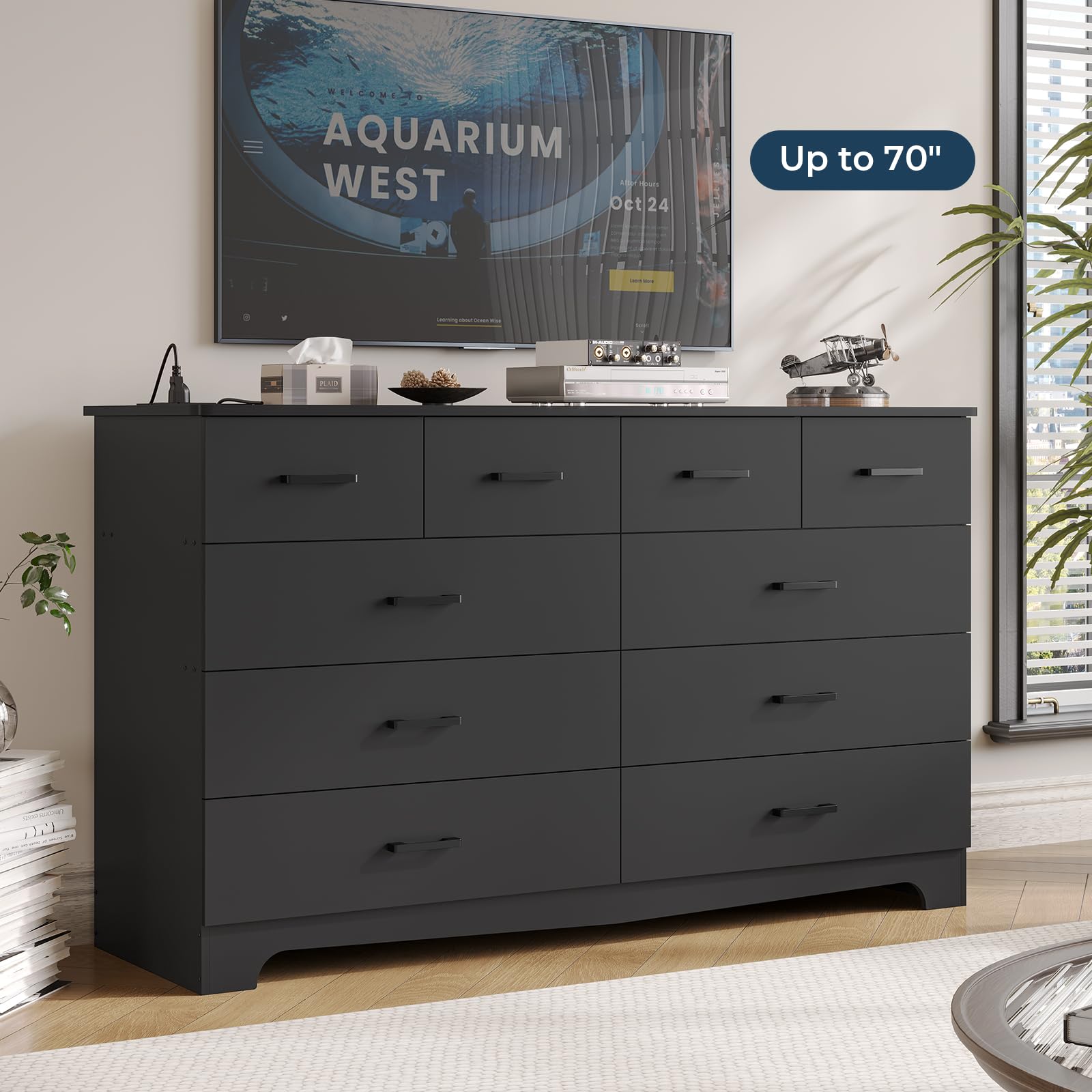 DICTAC 10-Drawer Black Dresser for Bedroom - Large Storage Chest Organizer with Power Outlets, 55.1