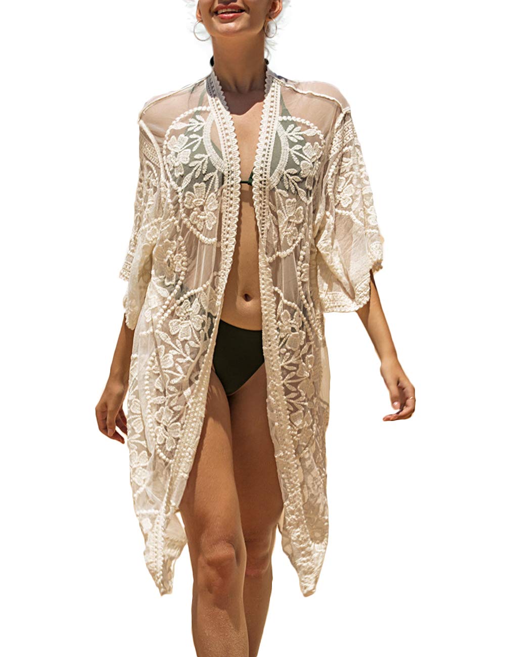 Elegant Women's Lace Cardigan - Floral Crochet Sheer Beach Cover Up - Long Open Kimono for Summer, Wedding, Vacation & Boho Style Outfits