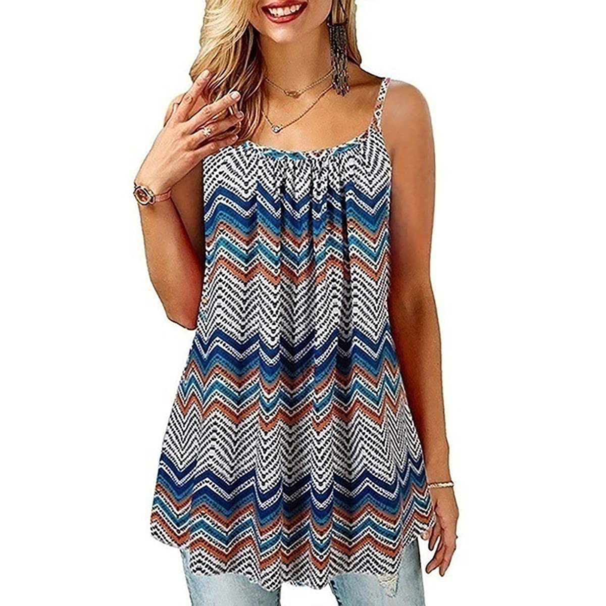 Jweemax Women's Printed Cami Tee Vest - Summer Sleeveless Pleated Flowy Camisole Top | Casual Wear, Beach Outfit, Layering Piece