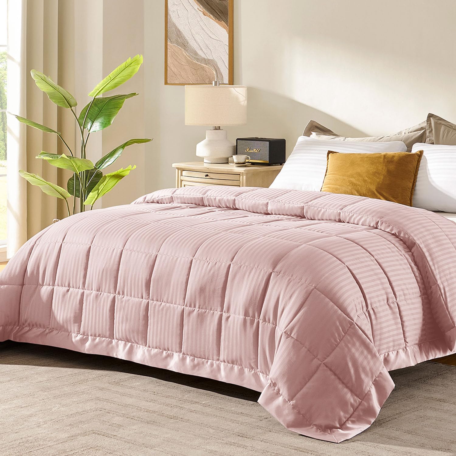 Premium Downluxe King Size Blanket with Satin Trim - Lightweight Down Alternative Comforter for All Seasons | Machine Washable | Soft Baby Pink (90x108 Inches) - Perfect for Bedroom, Guest Room, and Cozy Sofa Lounging