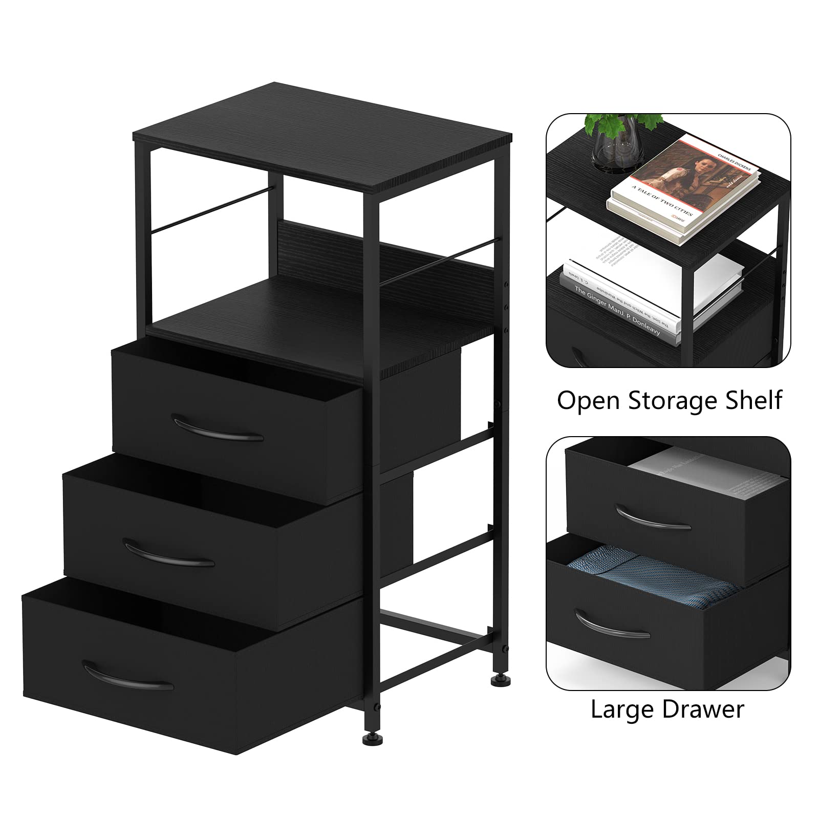 Modern Black Nightstand with 3 Fabric Drawers & Storage Shelf - Tall Bedside Table for Bedroom, Living Room, Office & Study - Perfect for Storing Books, Lamps & Bedroom Essentials