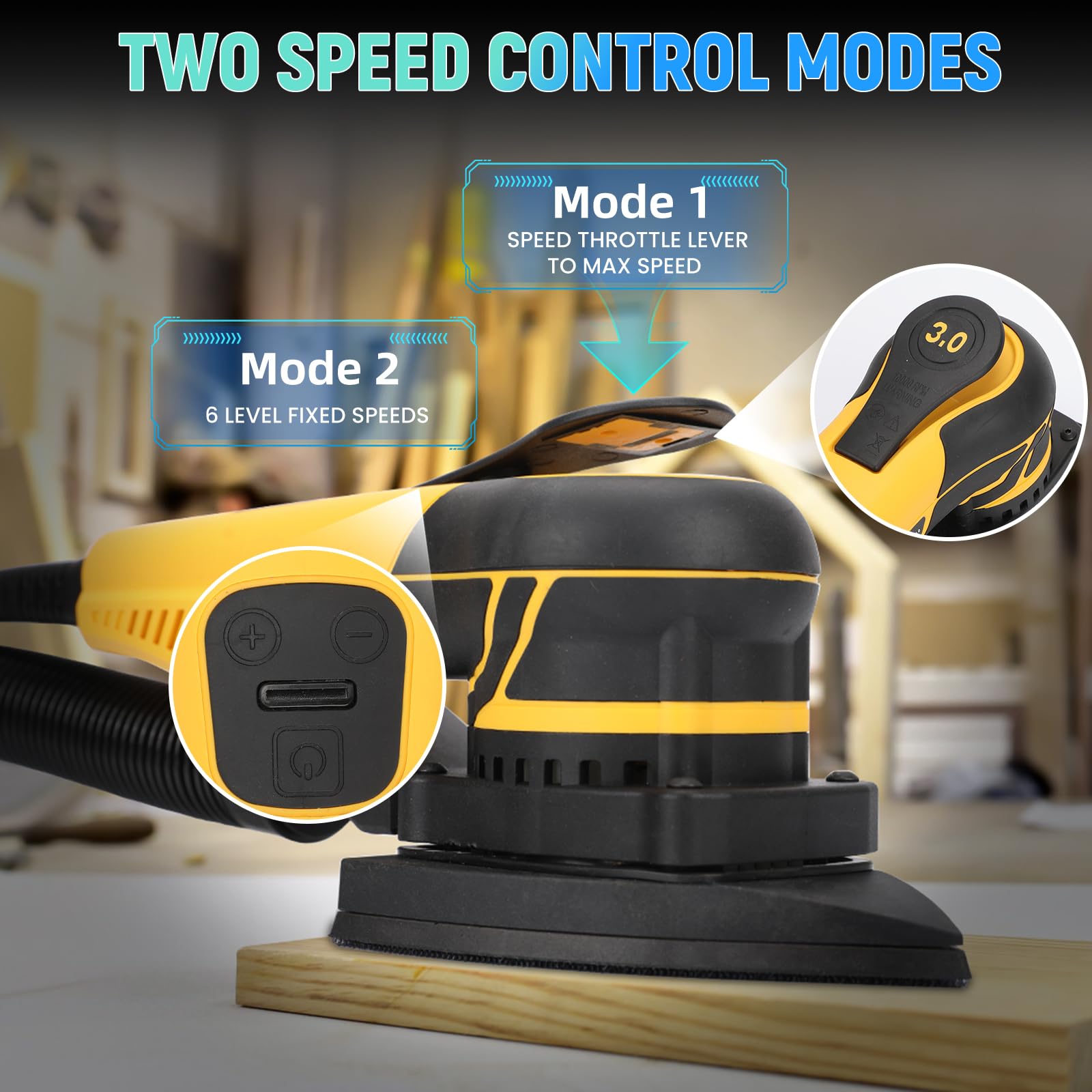 350W 3A Electric Random Orbital Sander - Professional Woodworking Mouse Sander with 3mm Orbit & Detachable Power Cord - Perfect for Sanding Wood, Panels, Furniture & DIY Projects