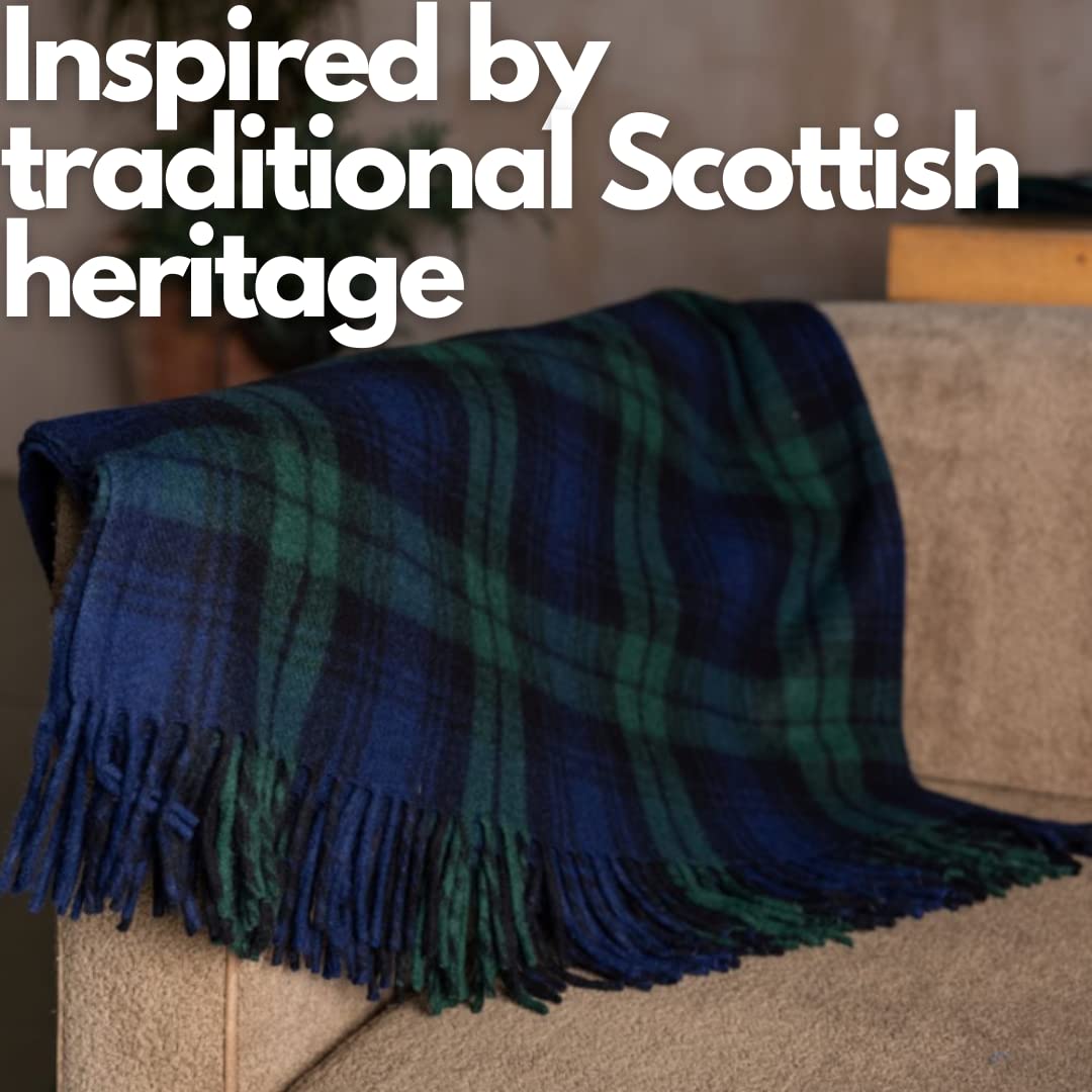 Premium Tartan Wool Travel Blanket - Black Watch Plaid, Lightweight & Soft, Fringed Edges, Machine Washable - Perfect for Airplanes, Camping, and Home Decor