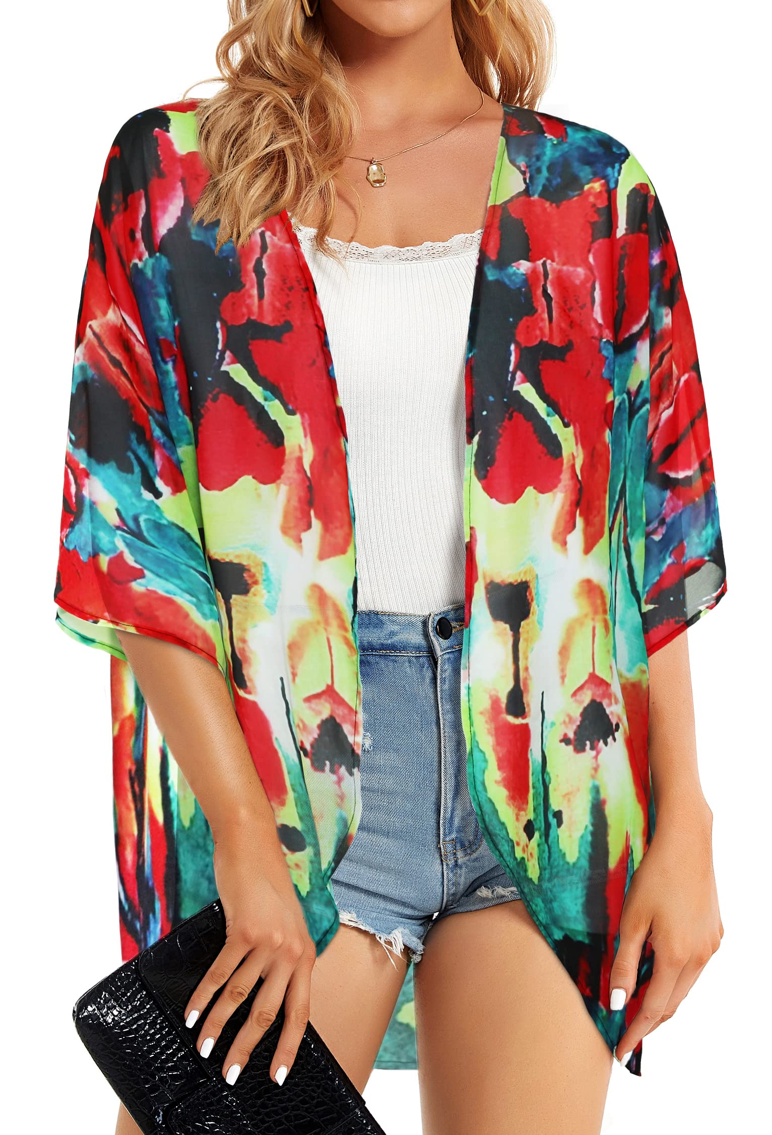 Women's Floral Chiffon Kimono Beach Cover Up - Lightweight Cardigan & Loose Cape for Summer, Swimwear, Vacation, and Boho Fashion