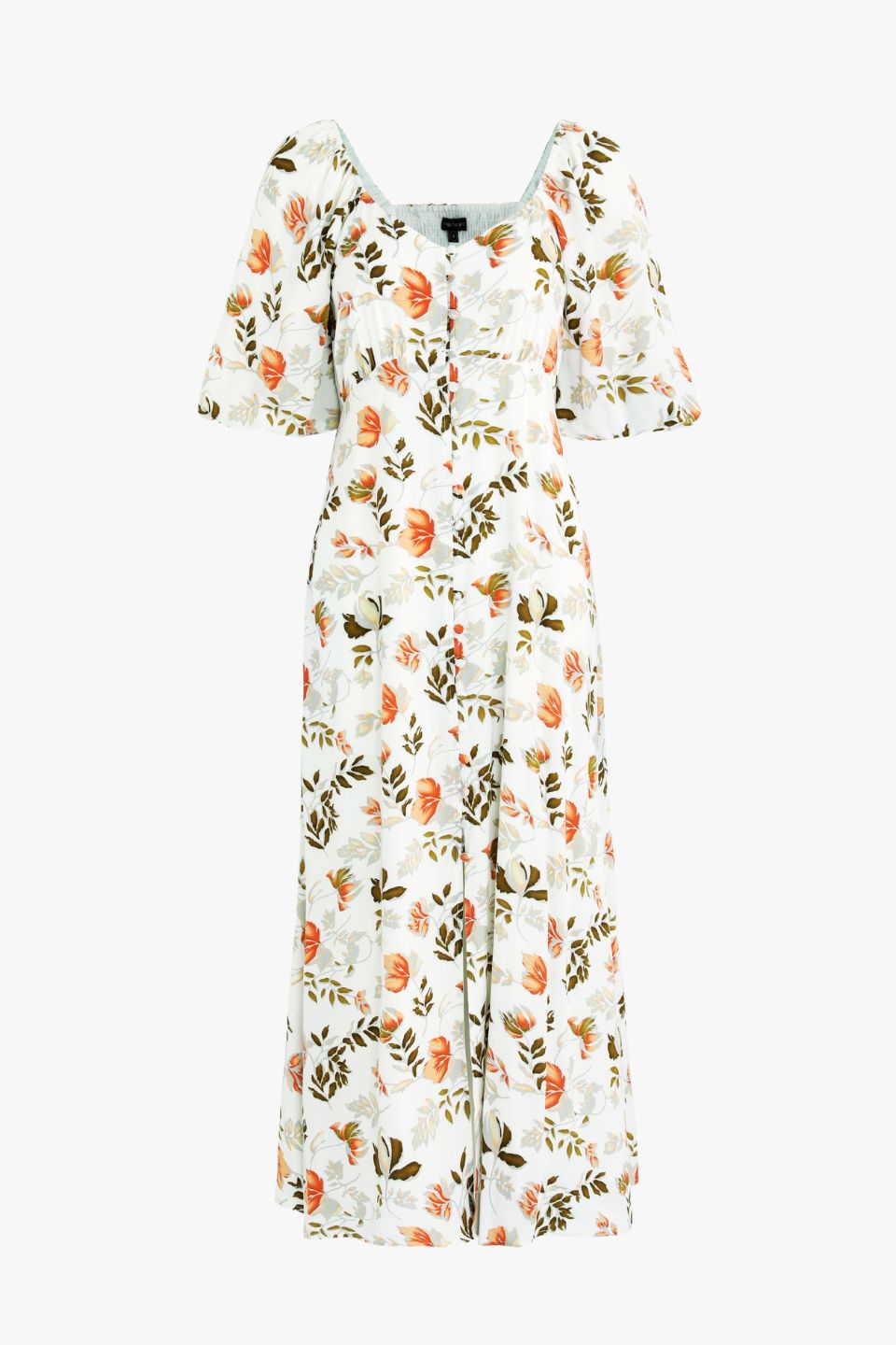 Elegant Ivory Floral Short Sleeve Button Front Midi Dress for Women | Summer Wedding Guest Dress & Garden Party Outfit