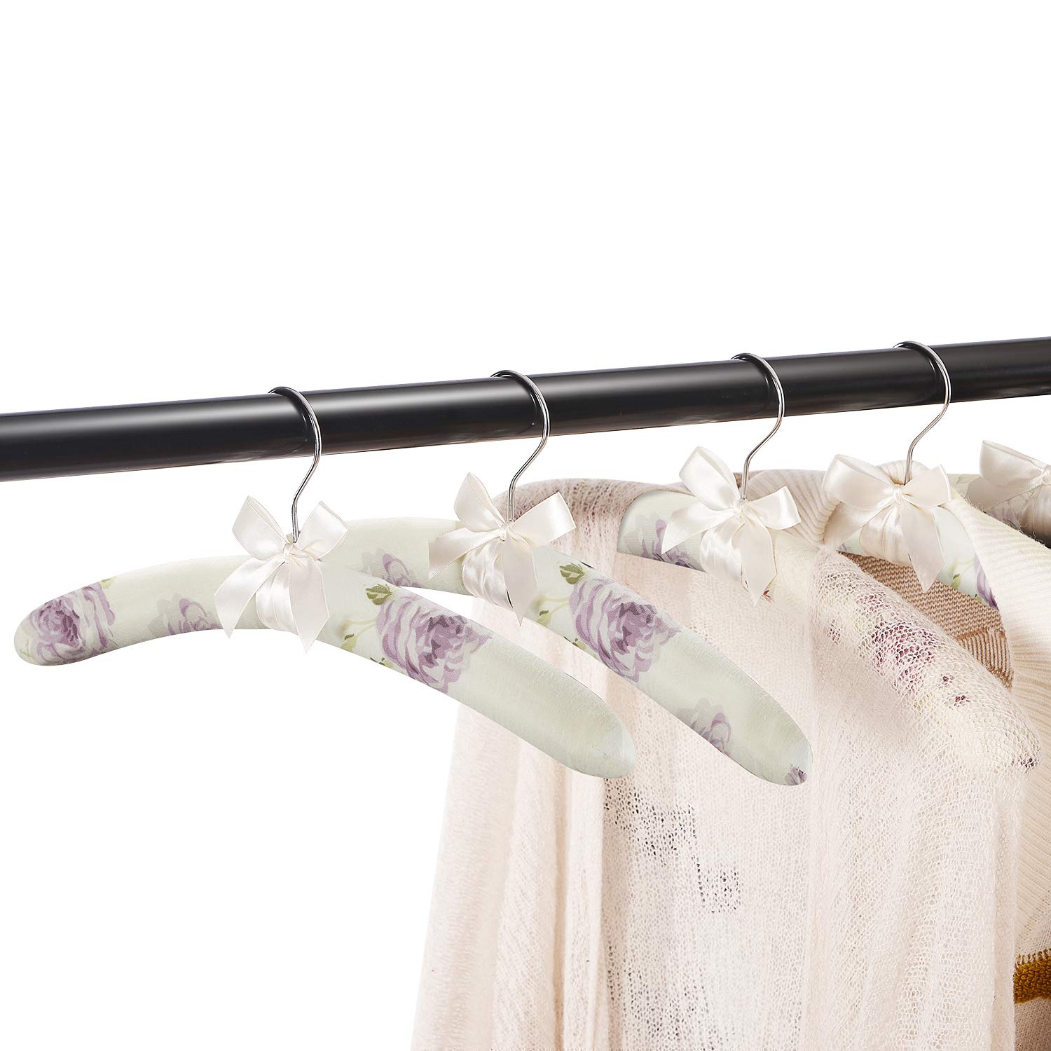 GLCON 5-Pack Satin Padded Hangers for Women - No Bump Non-Slip Shoulder Protection - Floral & Silky Clothes Hangers for Sweaters, Dresses, Wedding & Special Occasions - Perfect for Closet Organization & Delicate Garment Care