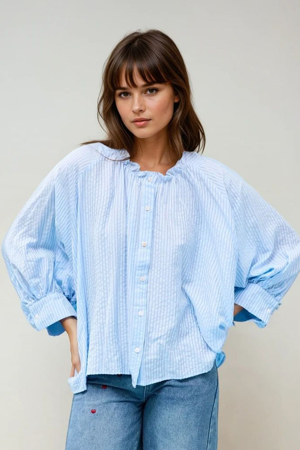 Baby Blue Balloon Sleeve Striped Blouse - Perfect for Casual Outings, Photoshoots & Special Occasions