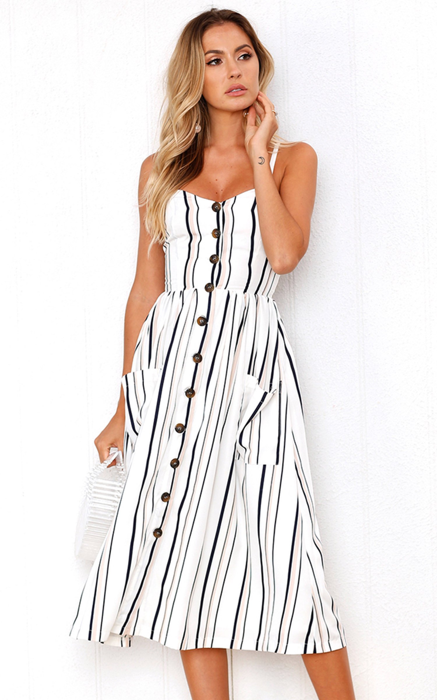 Angashion Women's Floral Bohemian Summer Dress - Spaghetti Strap Button Down Swing Midi Dress for Beach, Vacation & Casual Outings