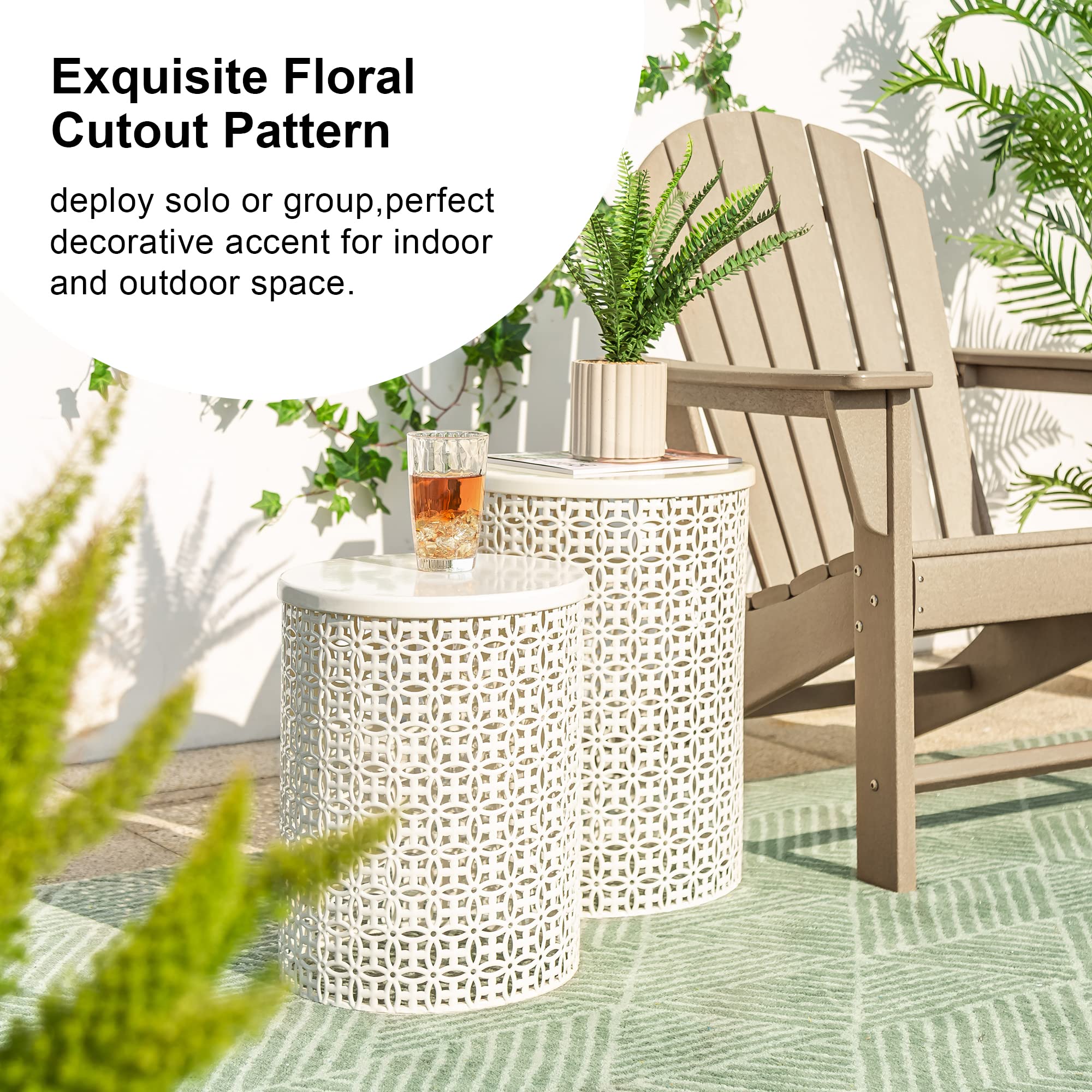 Glitzhome 2-Piece Outdoor Side Table Set - Heavy Duty Metal Frame Modern End Table for Garden, Patio, Balcony & Indoor Use - Cream White Accent Table for Living Room, Bedroom & Outdoor Decor