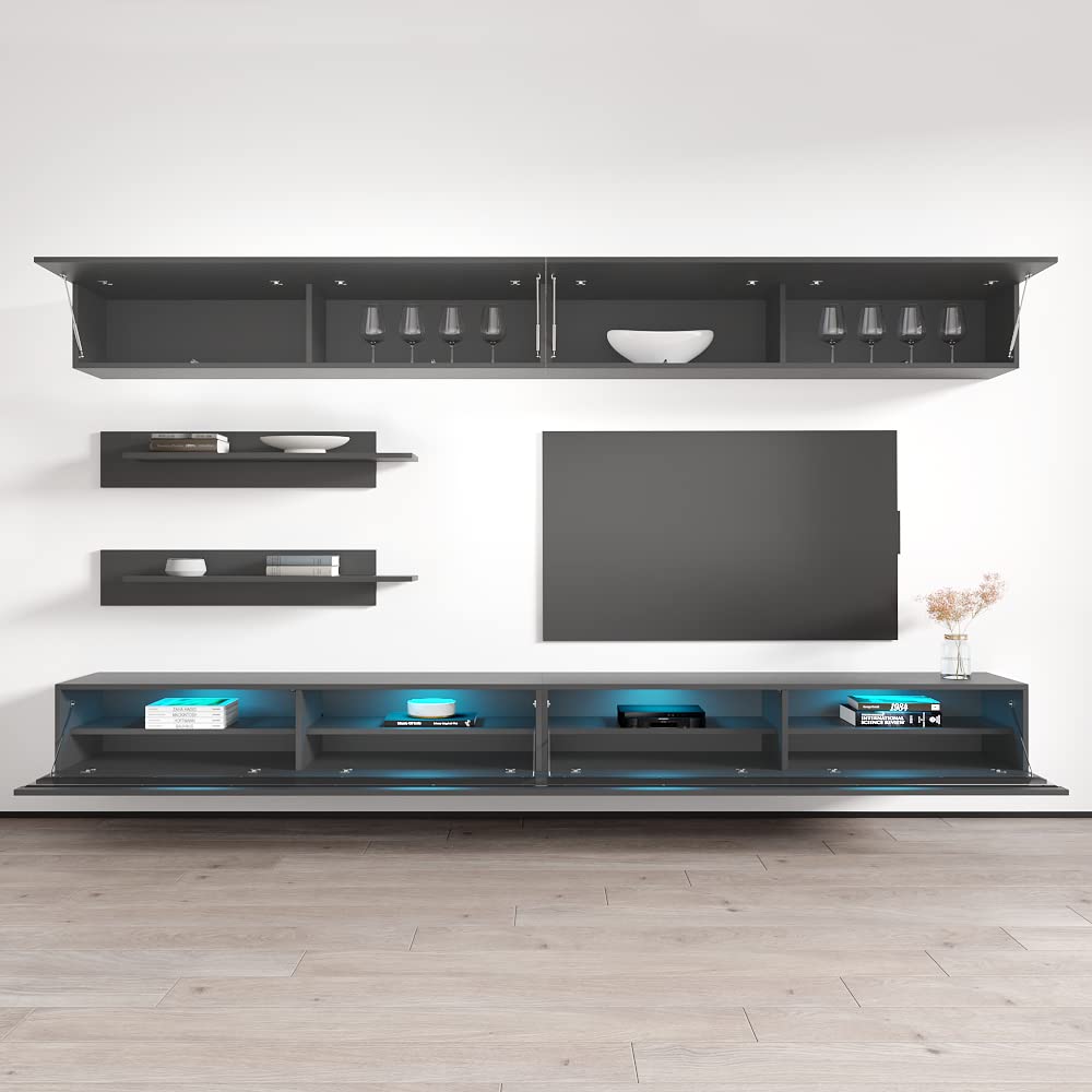 Modern Gray Wall-Mounted TV Stand with Storage Shelves & LED Lights - Floating Entertainment Center Console for Living Room & Bedroom - Perfect for Small Spaces, Apartments & Home Theater Setups