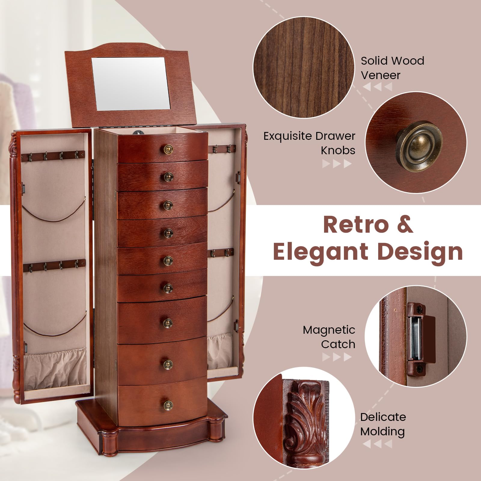 Giantex Large Jewelry Armoire Cabinet with 8 Drawers, 2 Doors & 16 Hooks - Dark Walnut Standing Mirror Storage Chest for Necklaces, Rings & Accessories | Perfect for Bedroom, Closet & Dressing Room Organization
