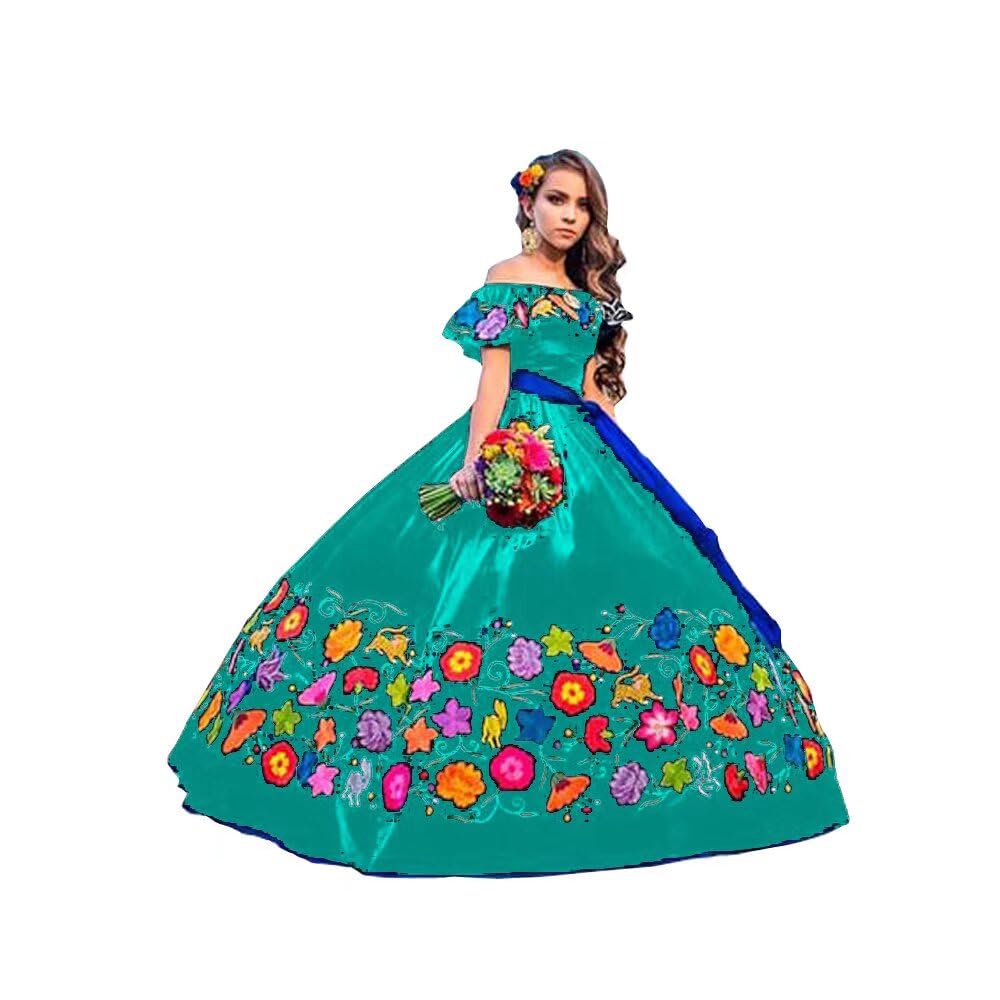 Elegant Off-The-Shoulder Flower Embroidered Quinceañera Dress with Blue Sash | Sweet 15 Charro Party Gown 2025 | Perfect for Quinceañeras, Birthday Celebrations & Special Occasions