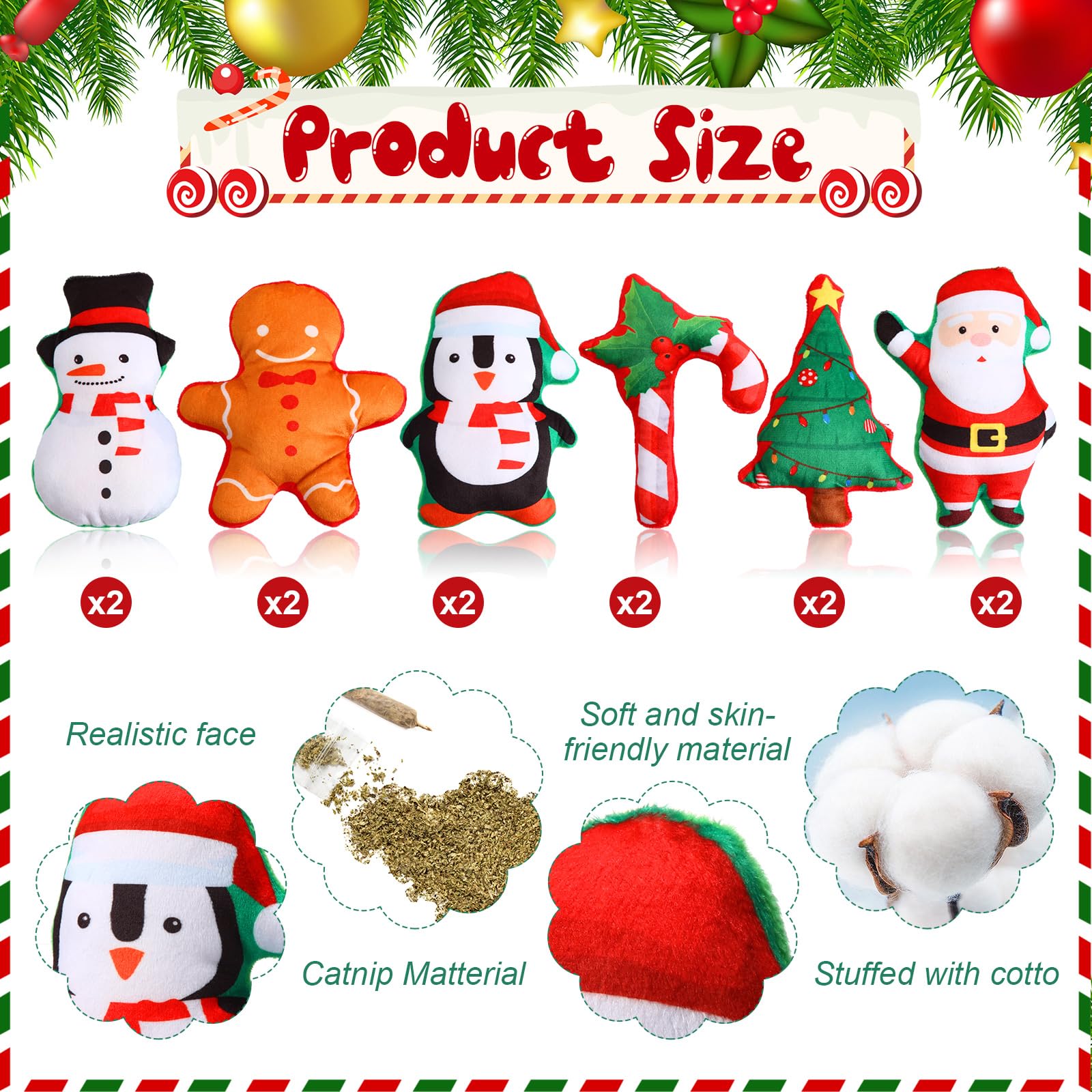 12 Pack Christmas Catnip Toys for Kittens - Xmas Stuffed Plush Cat Chew Toys with Catnip - Holiday Party Favors & Decor for Cats - Perfect for Teething, Playtime & Christmas Celebrations