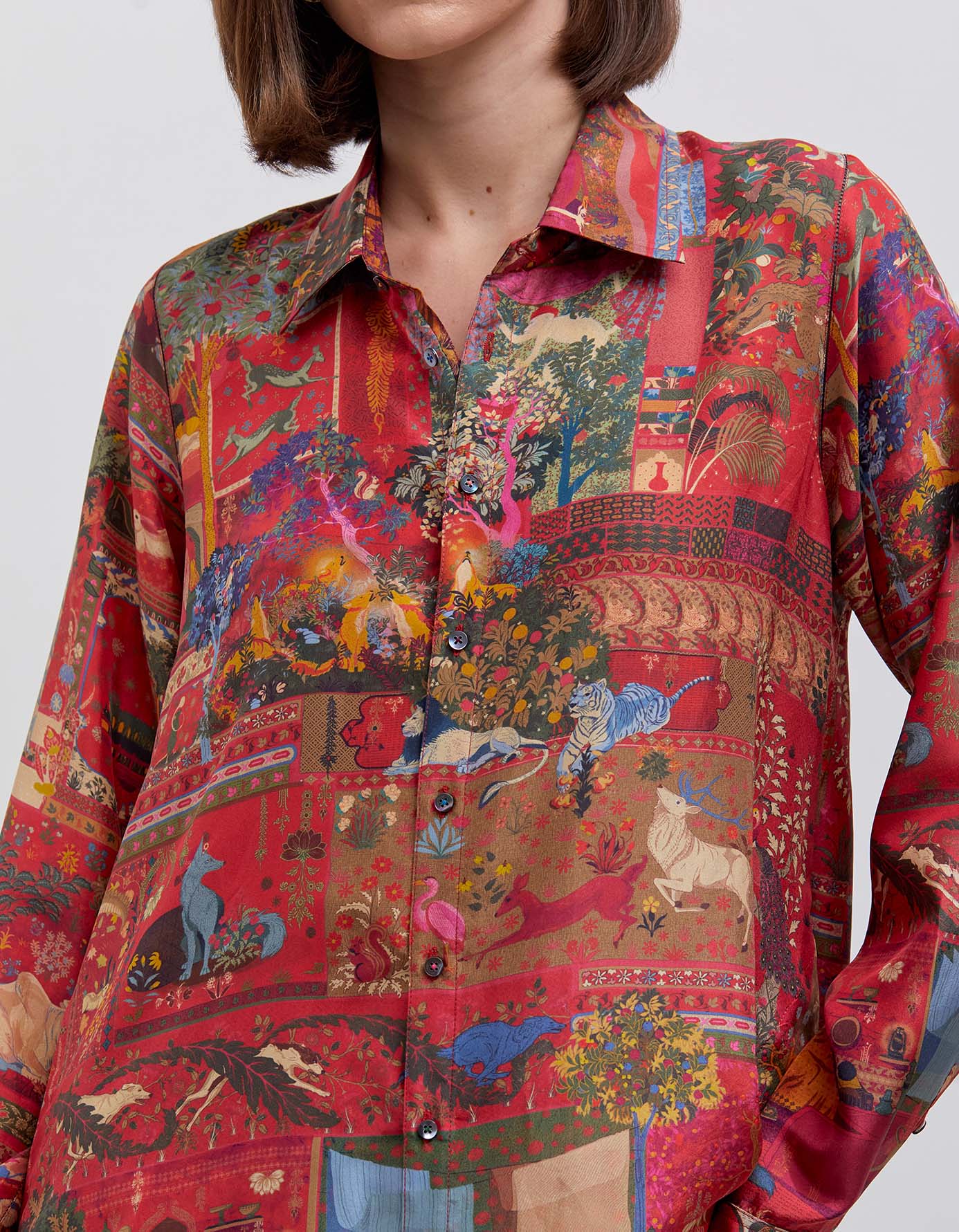 Diya Silk Shirt in Crimson Red - Panchatantra Inspired Ethnic Wear for Festivals, Weddings & Cultural Events