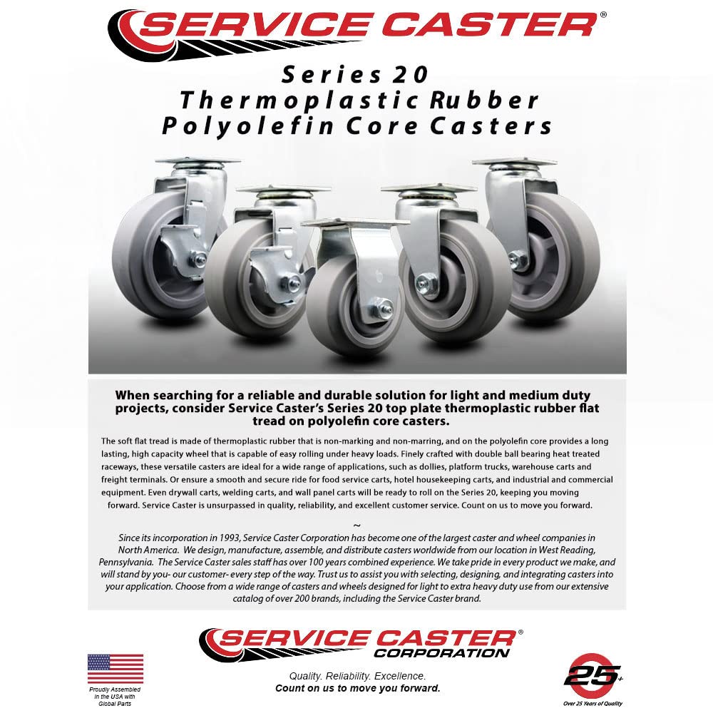 5 Inch Swivel Top Plate Caster Set with 2 Inch Gray Thermoplastic Rubber Wheels - Ball Bearing Heavy Duty Casters (1800 lbs Capacity) - Set of 4 for Industrial Equipment, Workbenches, and Furniture Movers