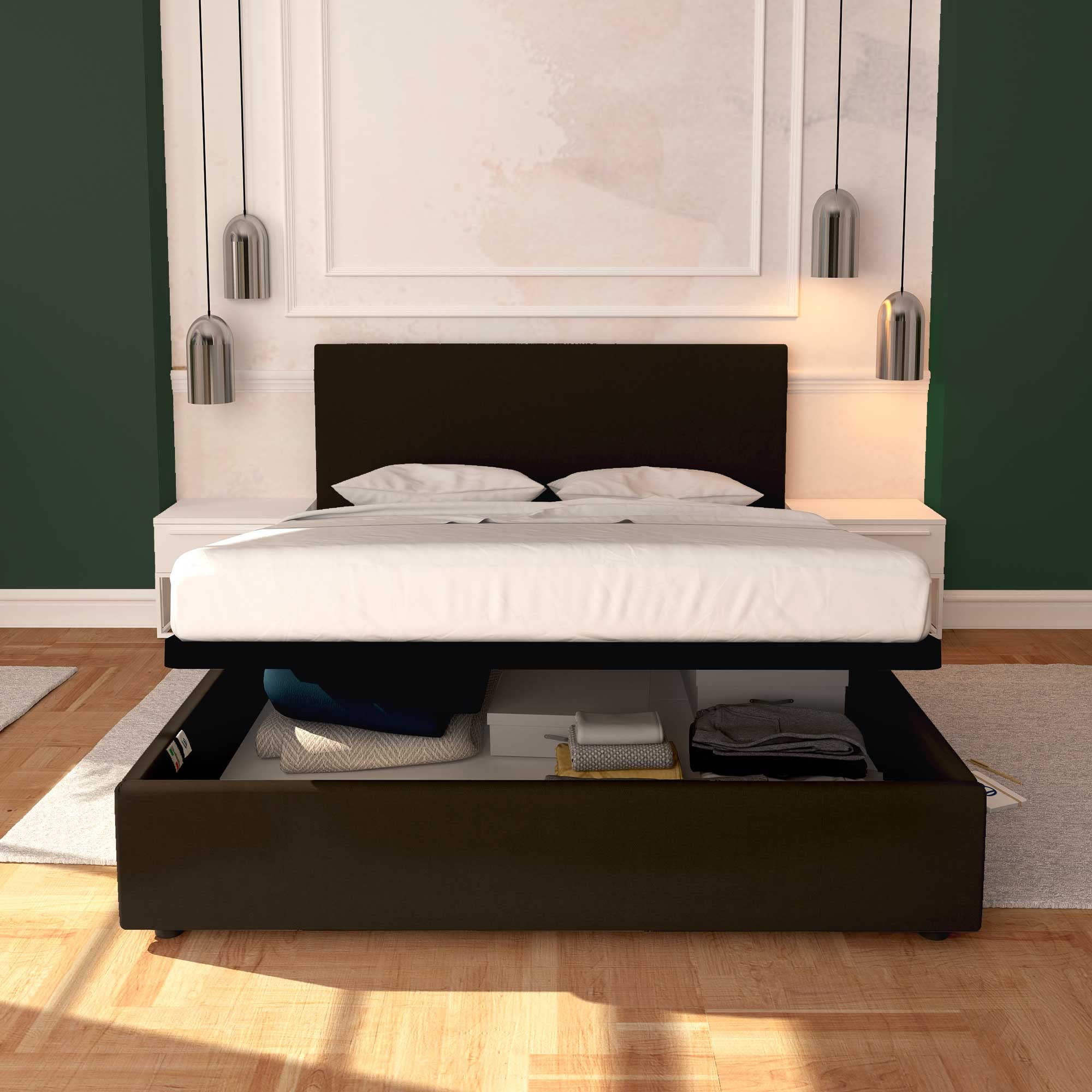 Baldiflex Rossano Queen Size Bed Frame with Storage - Synthetic Leather Upholstery, Slatted Base for Mattress Support, 140x200cm, Elegant Dark Brown Headboard - Perfect for Master Bedroom, Guest Room, or Small Space
