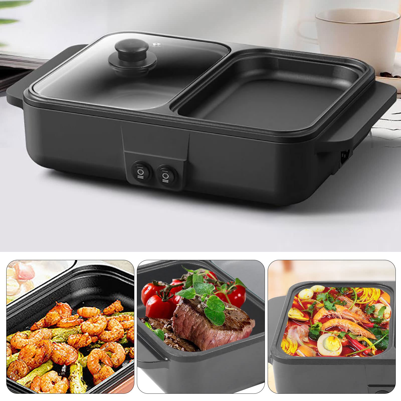 2-in-1 Electric Hot Pot & Grill - Non-Stick Indoor Smokeless Korean BBQ with Independent Temperature Control, Portable Multi-Cooker for 1-2 People (Black) | Perfect for Dorm Rooms, Small Apartments & Camping Trips