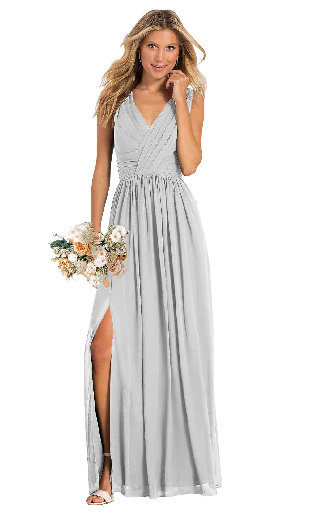 Elegant Sukleet Women's V-Neck A-Line Long Bridesmaid Dress with Pockets - Perfect for Weddings, Formal Events & Special Occasions