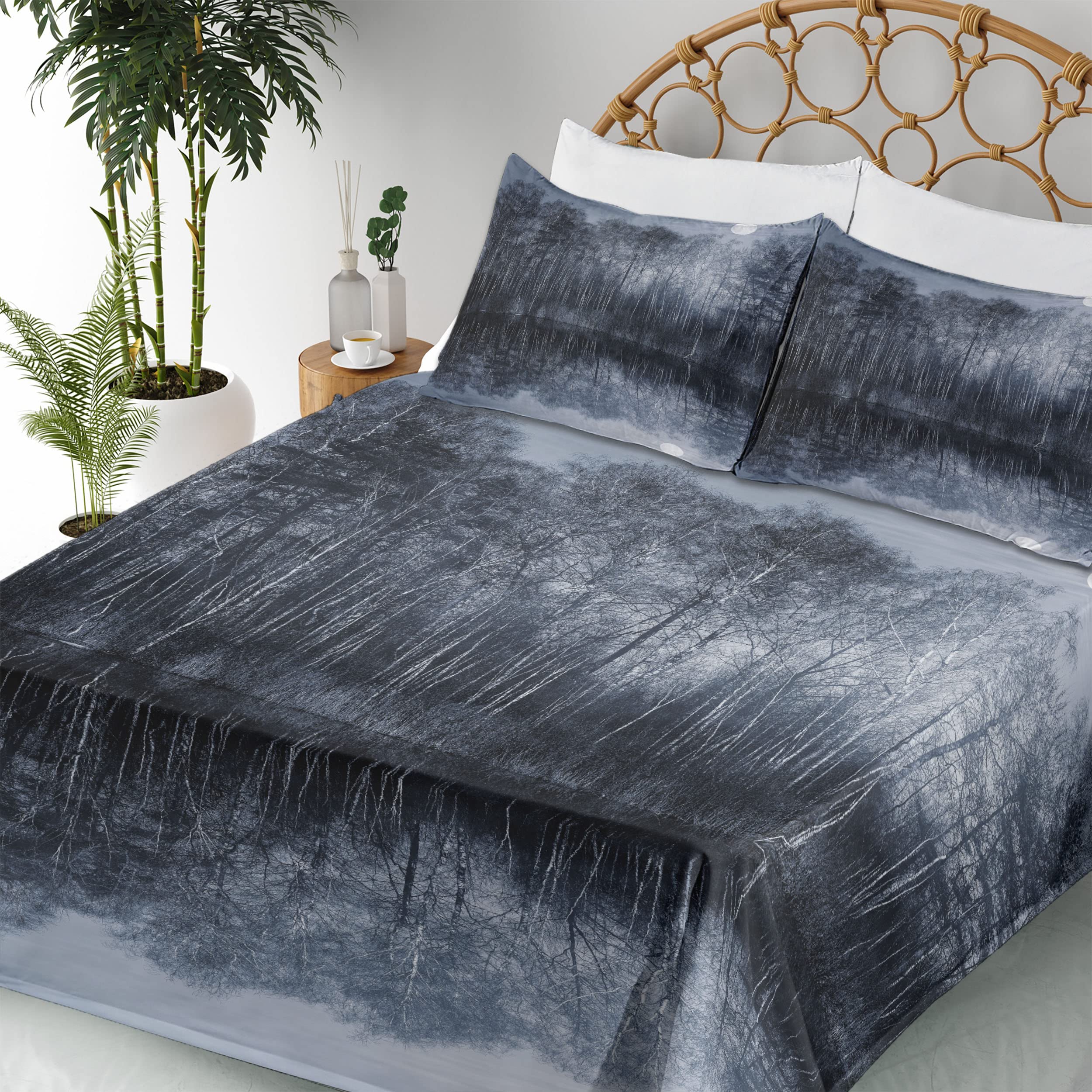 Ambesonne Nature 4-Piece King Sheet Set - Winter Forest Lake Landscape with Moon Print, Purple Blue & Black - Fitted & Flat Sheets with Pillowcases - Cozy Bedroom Decor for Cabin, Lodge & Nature-Themed Rooms