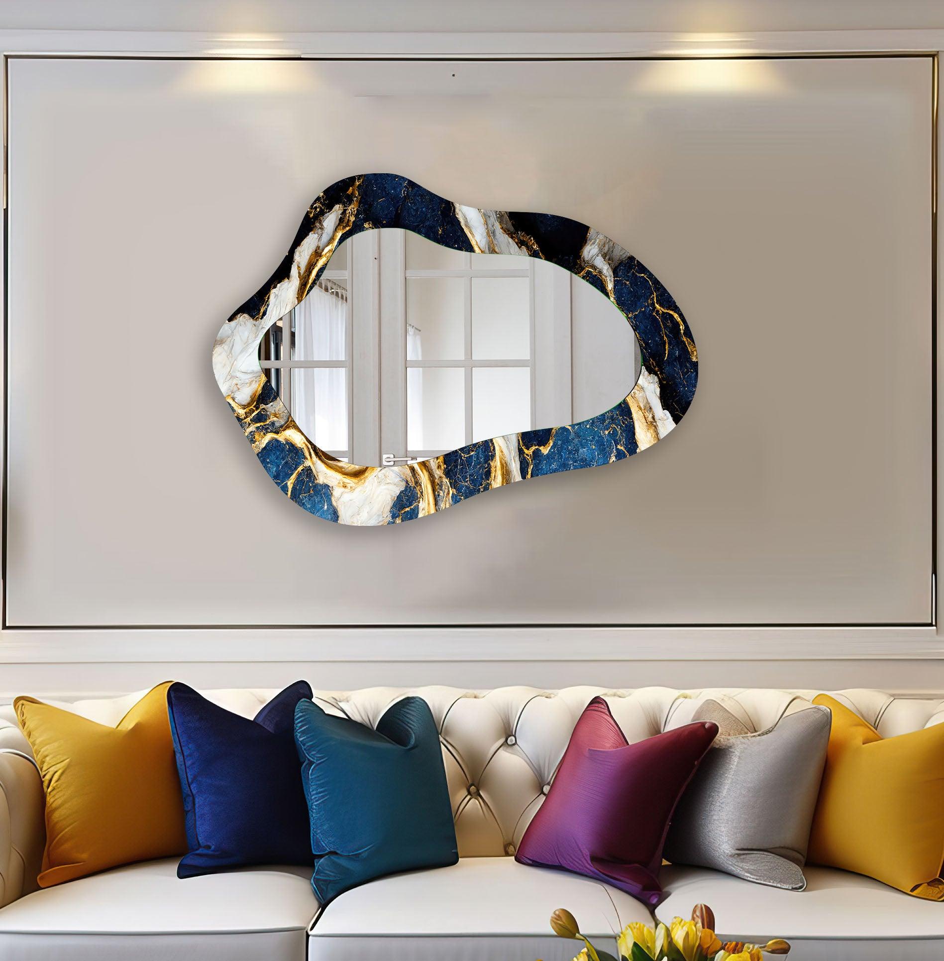 Blue & Gold Marble Bathroom Wall Mirror - Elegant Vanity Mirror for Makeup & Shaving - Perfect for Modern Bathroom Decor & Bedroom Vanity
