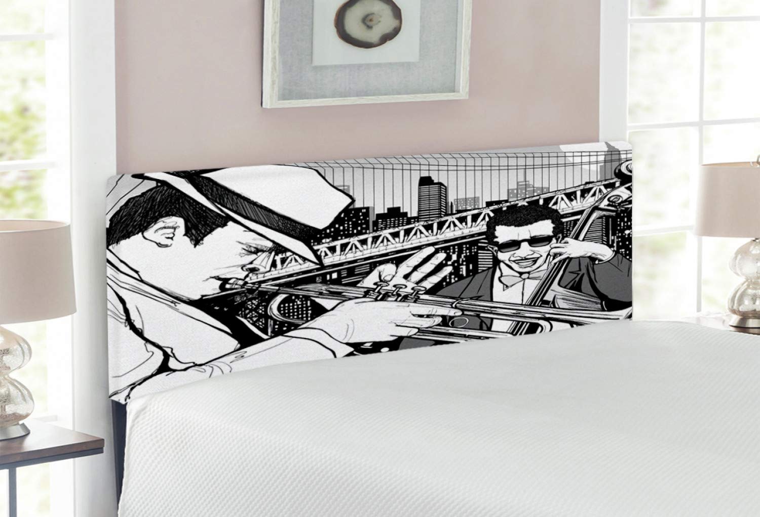 Ambesonne Jazz Band Upholstered Headboard - Full Size Retro Metal Bed Headboard with Memory Foam, Black & White New York Blues Illustration | Perfect for Music Lovers' Bedroom & Vintage Style Decor