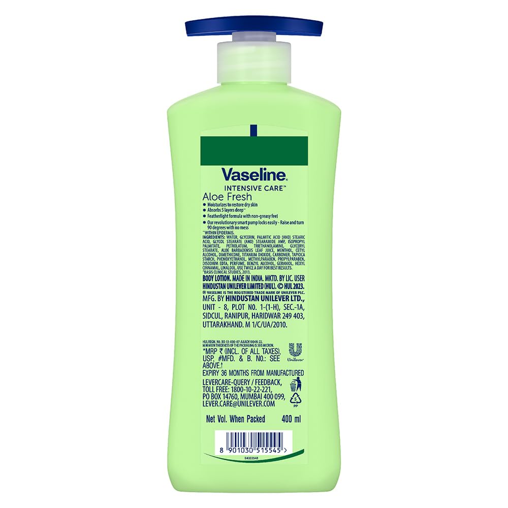 Vaseline Intensive Care Aloe Fresh Hydrating Body Lotion 400ml - 100% Pure Aloe Vera Extract for Dry & Rough Skin - Moisturizing Lotion for Men & Women - Perfect for Daily Hydration & After-Sun Care