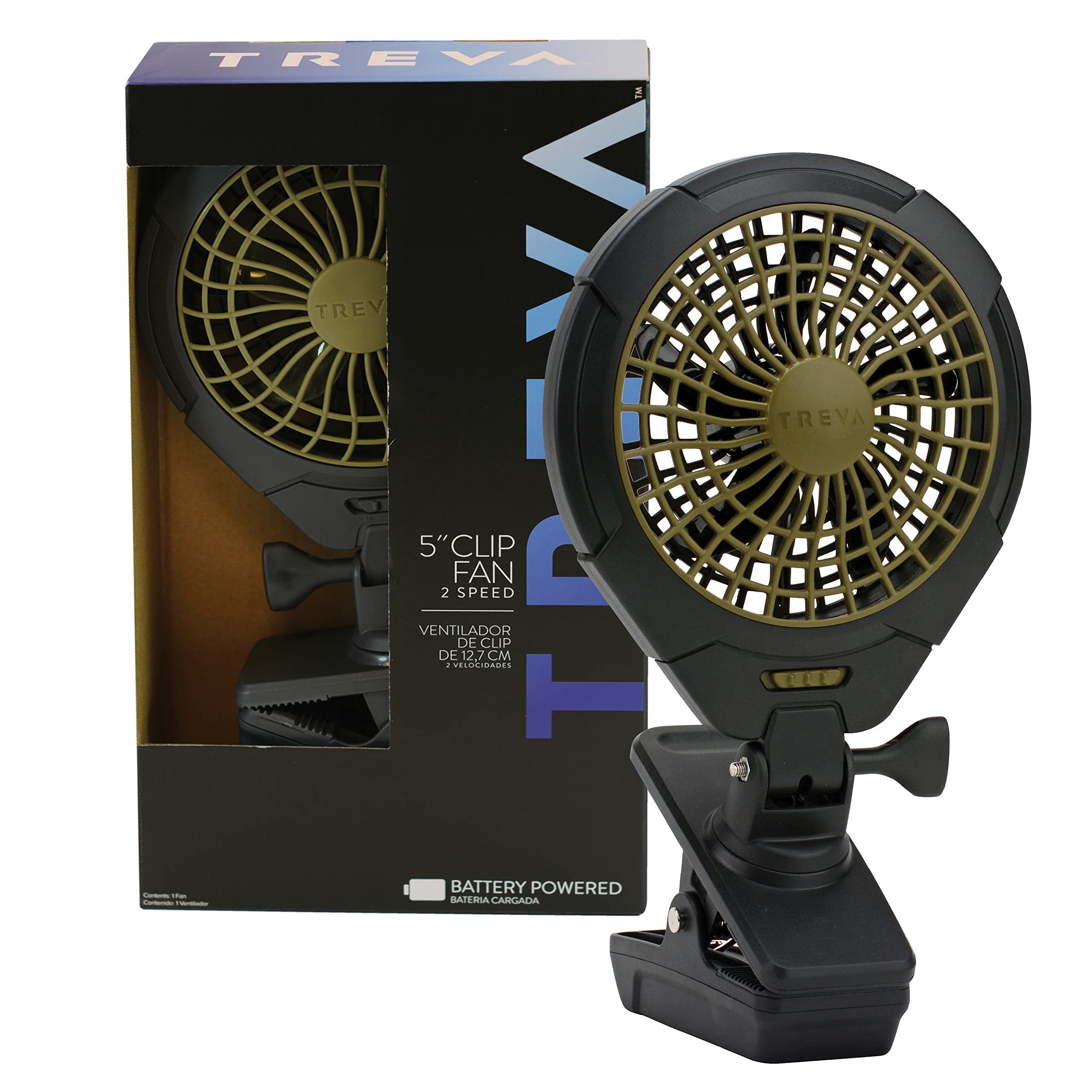Treva 5 Inch Portable Battery Operated Clip Fan - USB Rechargeable Personal Desk Fan for Travel, Outdoor, Camping, Office & Home Use - Compact Cooling Fan with Strong Clamp for Tents, Strollers & Workstations