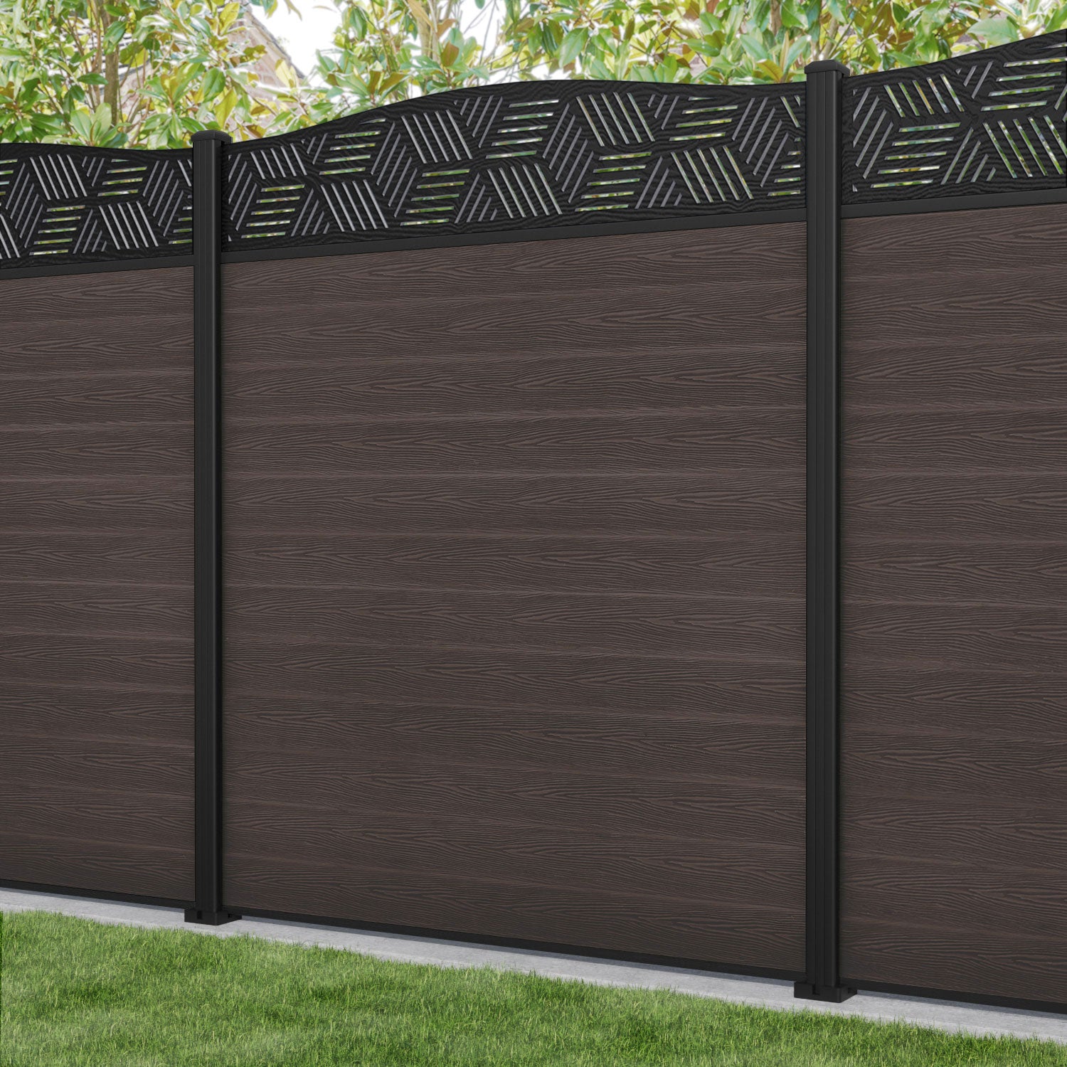 Classic Cubed Curved Top Fence Panel - Mid Brown Wood Privacy Screen with Aluminum Posts - Perfect for Backyard, Garden, and Patio Decoration